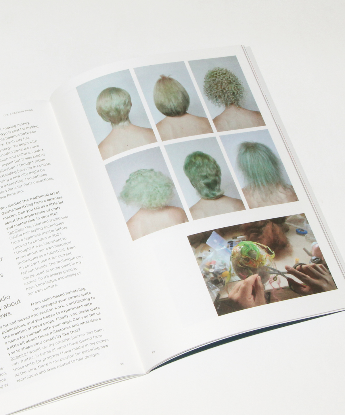 Right page of spread featuring images of wigs by Tomihiro Kono