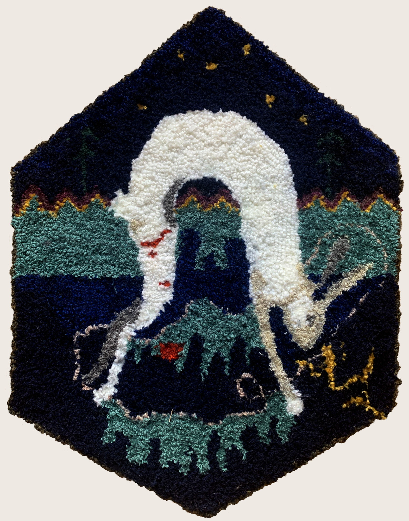 Cillian MoyhihanHare in curved air23.5x17.5"Handmade wool rug on hessian2022