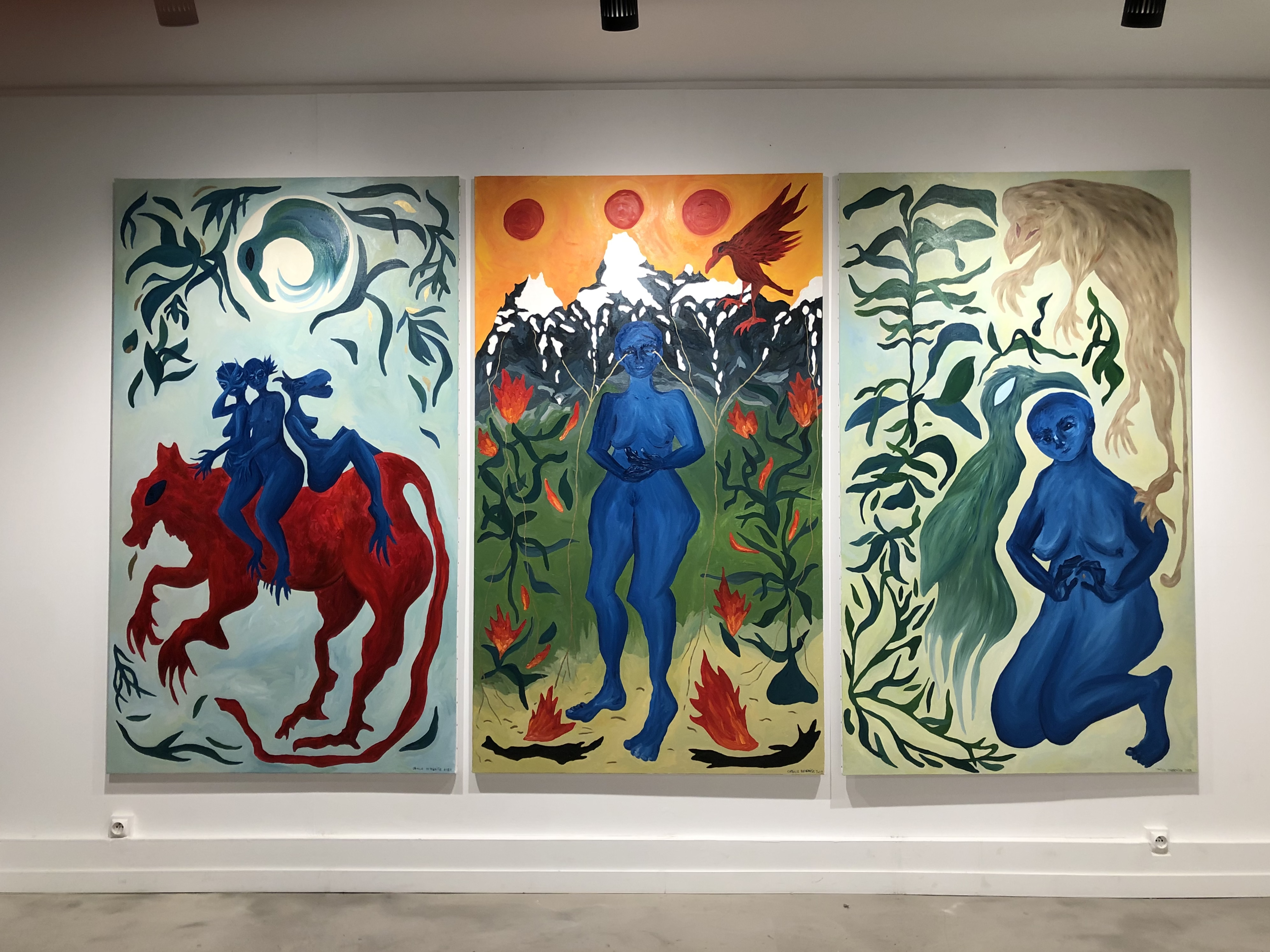 ^ Triptych exhibited at the exhibition ‘Manger les Fleurs’, Art Gallery SONO, Paris, 2022. From left to right : 'Le Souffle', 'Les Larmes Des Glaciers', 'La Dernière Goutte d'Eau'. Each : oil painting on linen canvas, 194x114cm, 2022