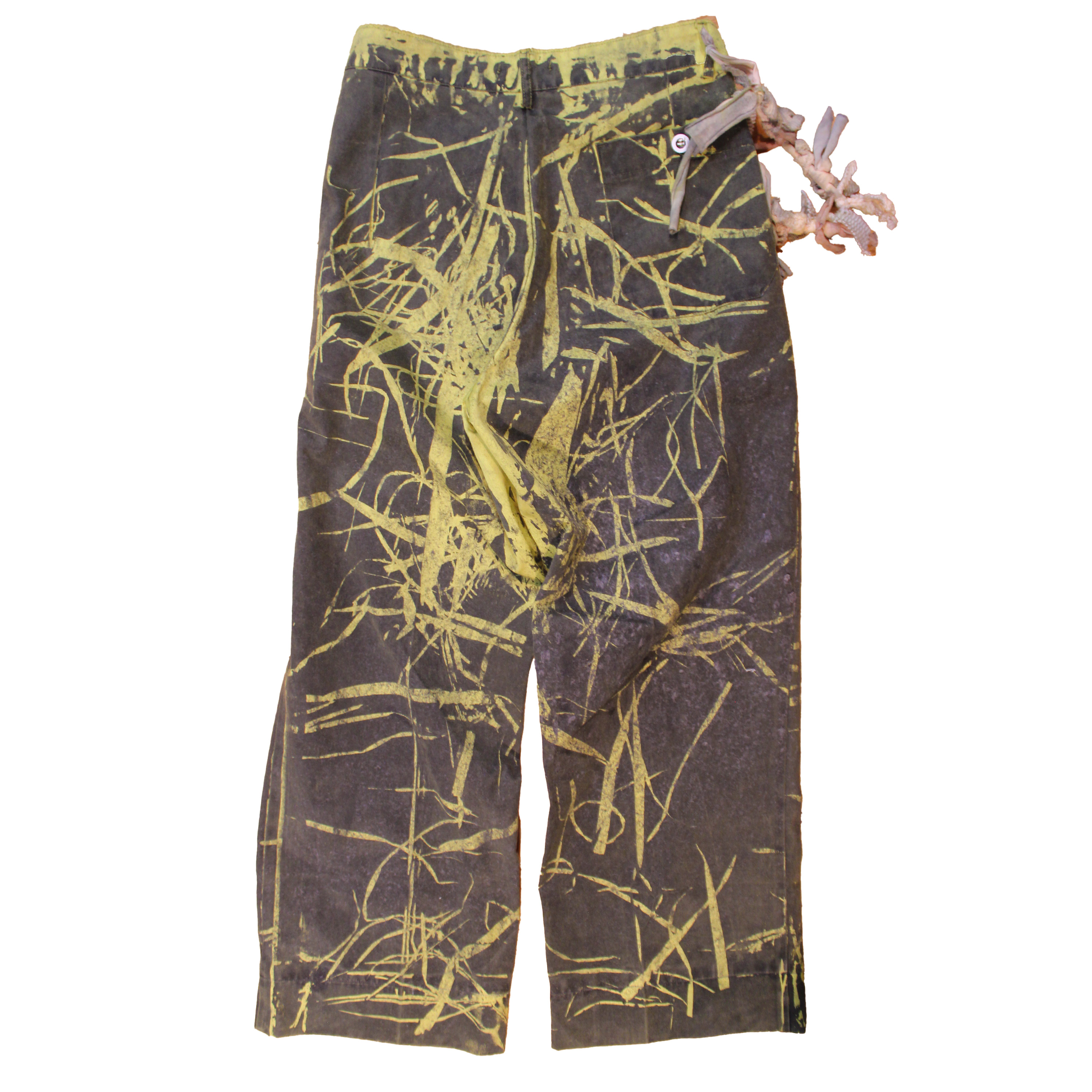 reclaimed vintage surplus denim screen printed with textile dye & various metals. tailored for straight/wide fit. fitted with custom keychain, scrap chain, and leather patches