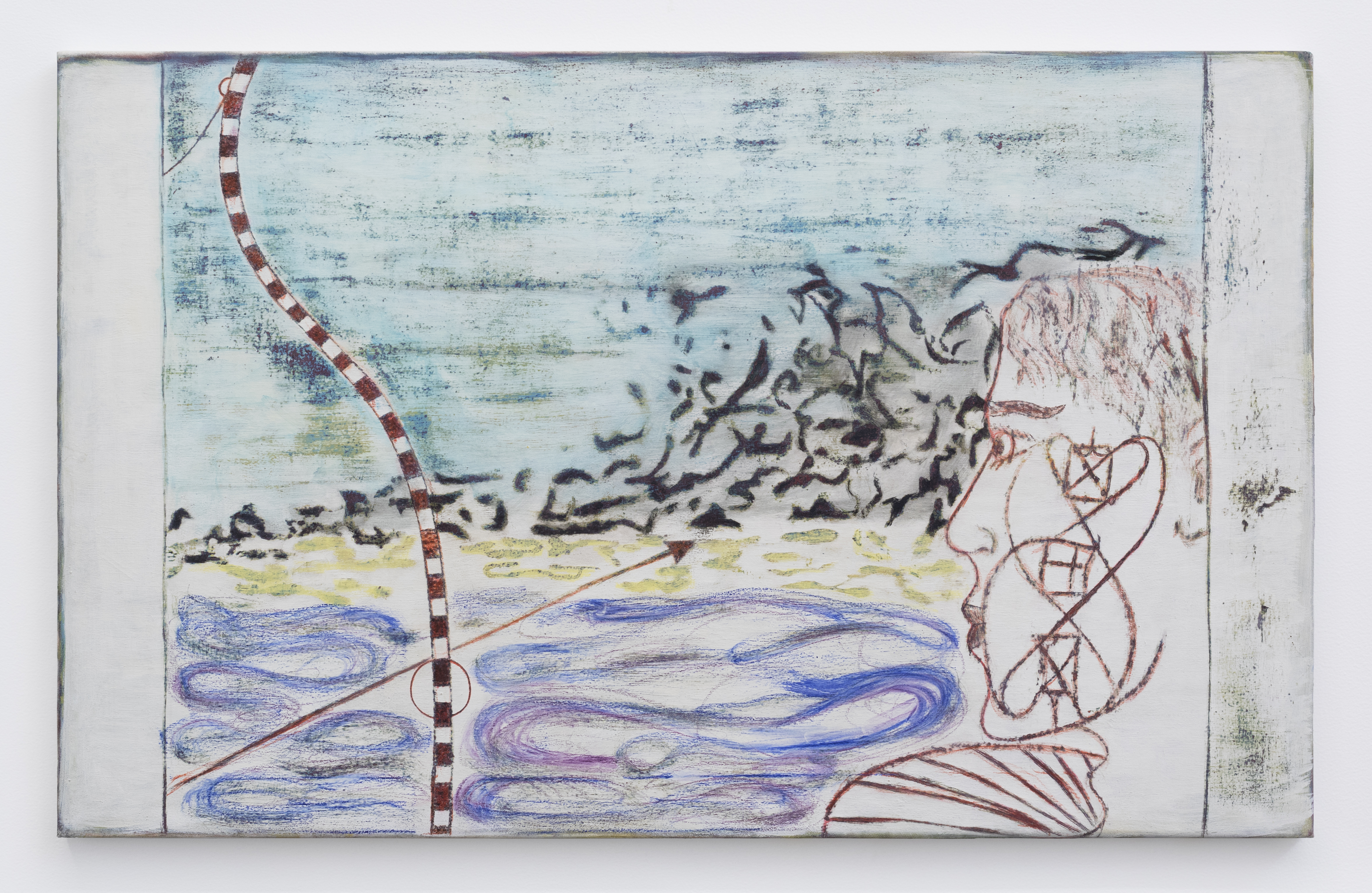 Allan Rand, Untitled, 2019, Gesso, oil, wax pastel, colored pencil on cotton, 51 x 82 cm