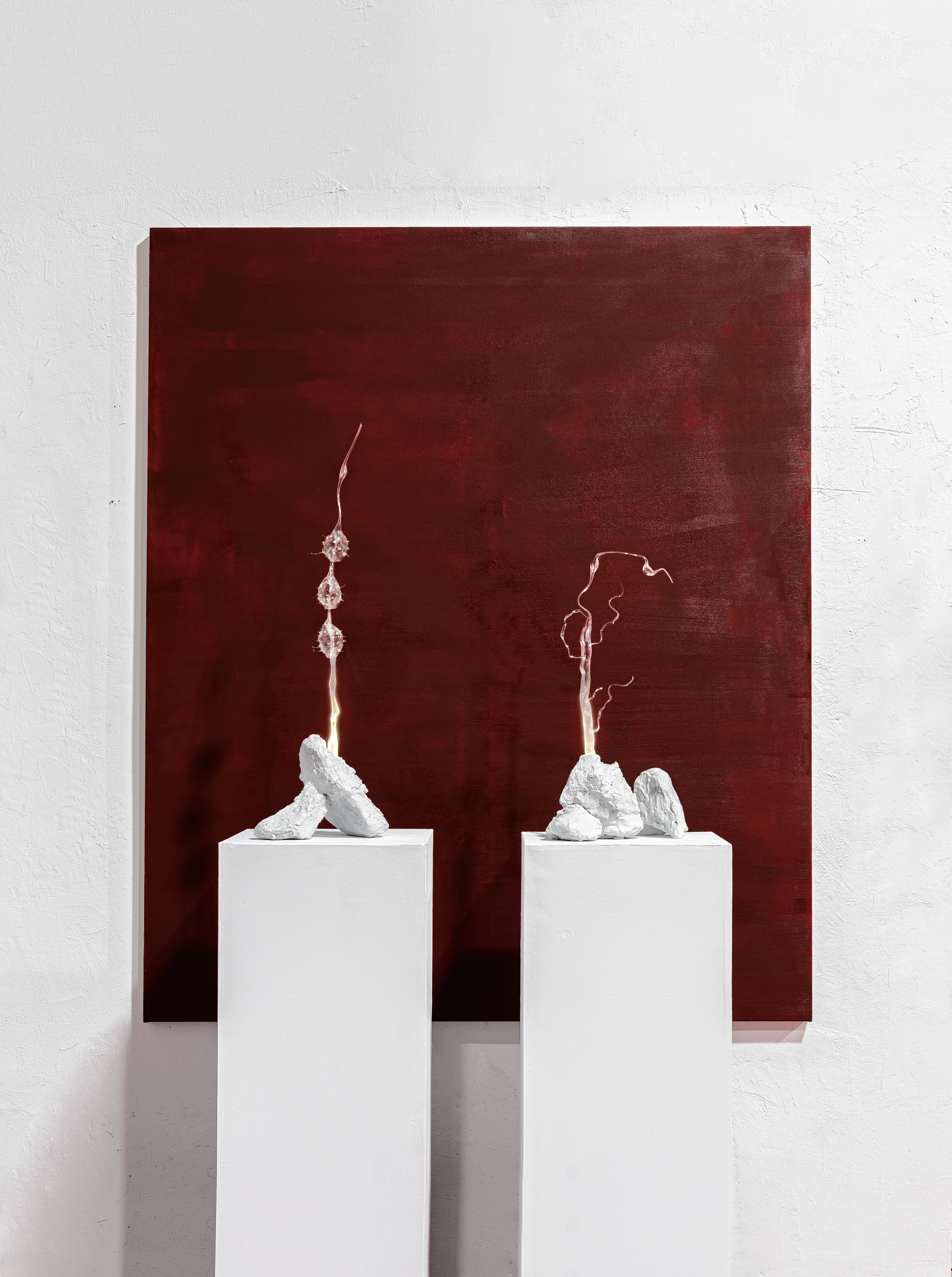 Two lamps from Medi Terraneum collection exhibited at Plataforma 2, Barcelona, with Red Background