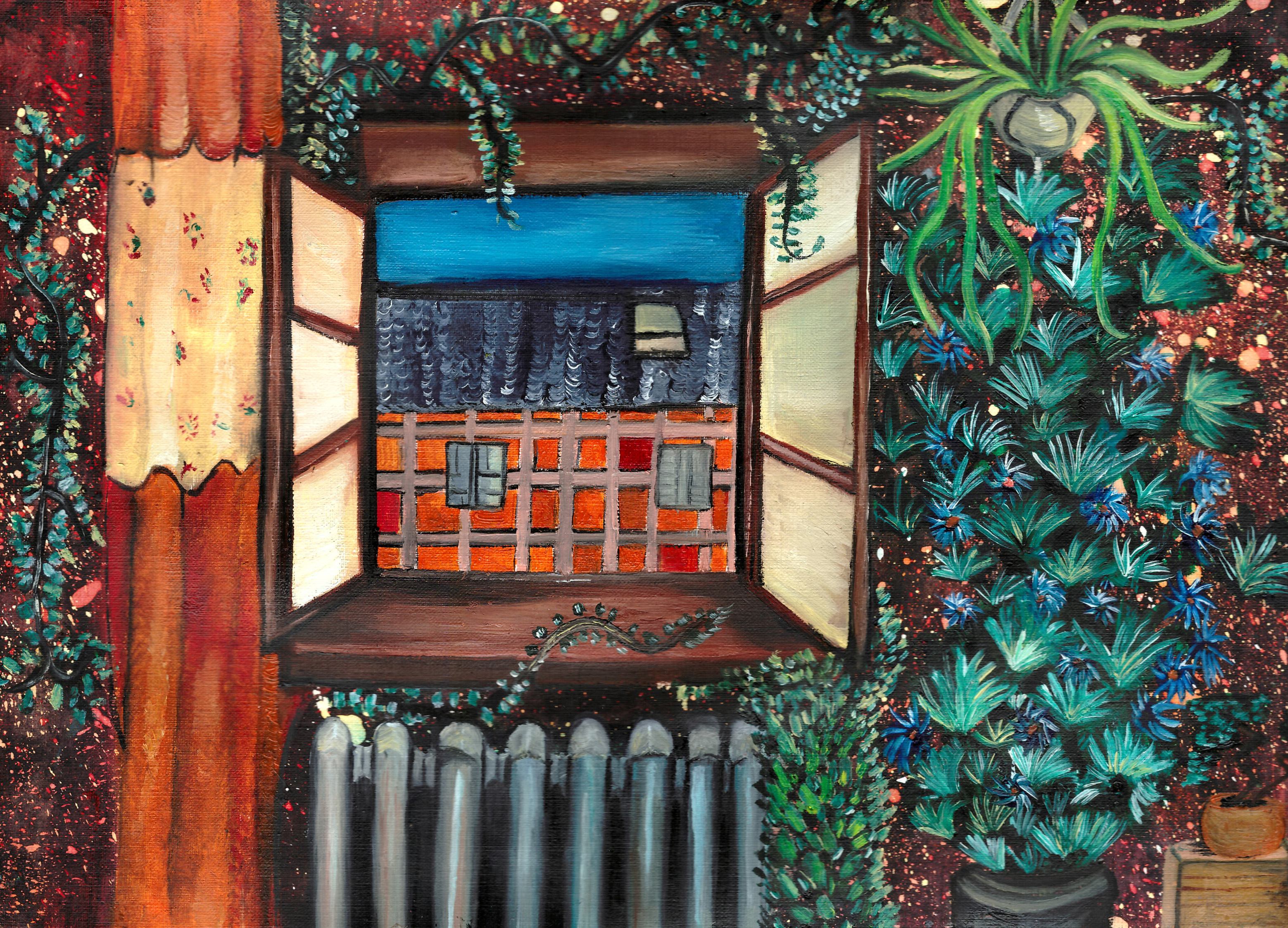 De ma fenêtre, jardin intérieur-#challengeartcourse/galerie Art'course confiné e s que vois-tu par ta fenêtre,2020,huile sur papier/aquarelle,30x42cm 