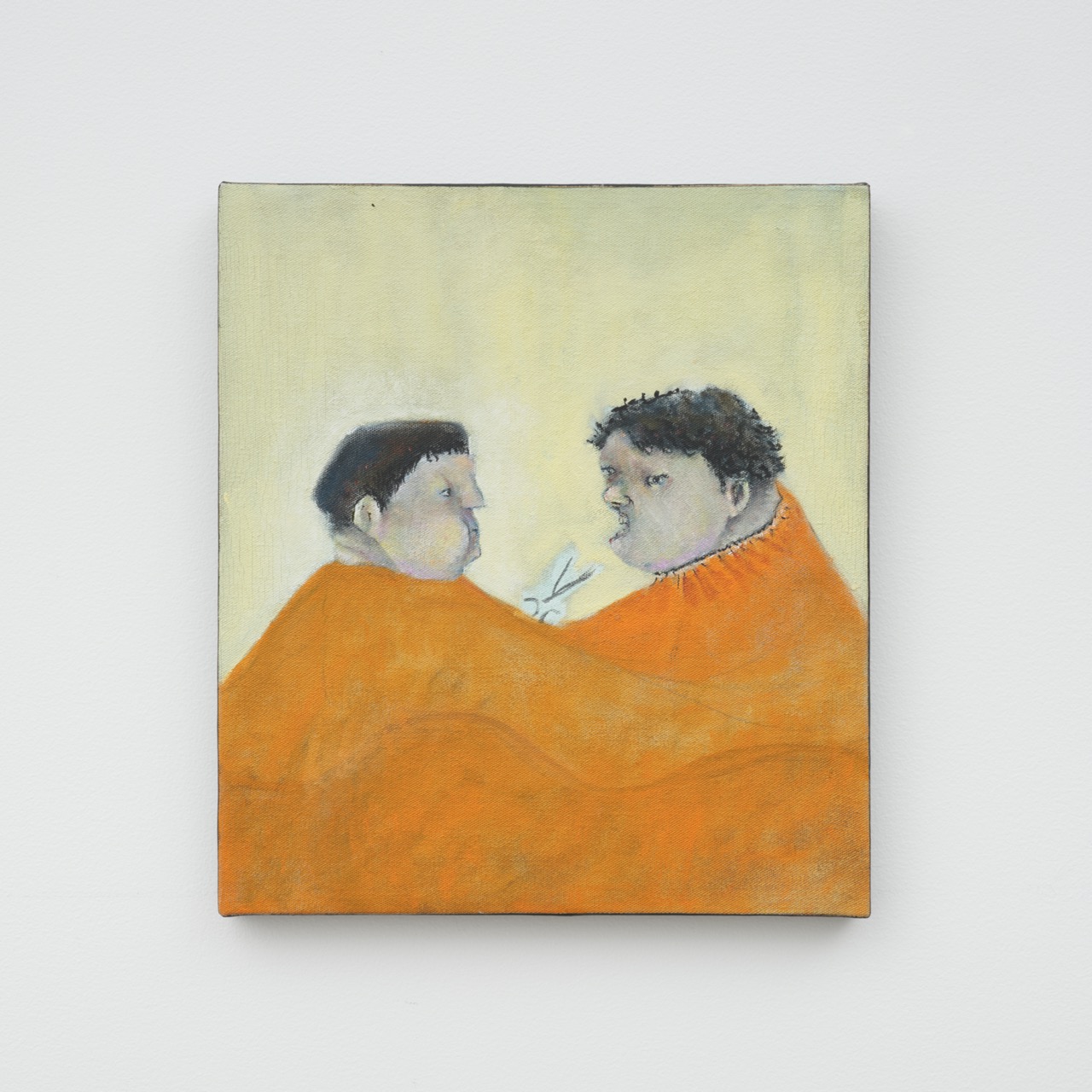 Orange hairdresser drama after Piero della Francesca, 2023 Oil on canvas 13 3/4 x 12 5/8 in 35 x 32 cm