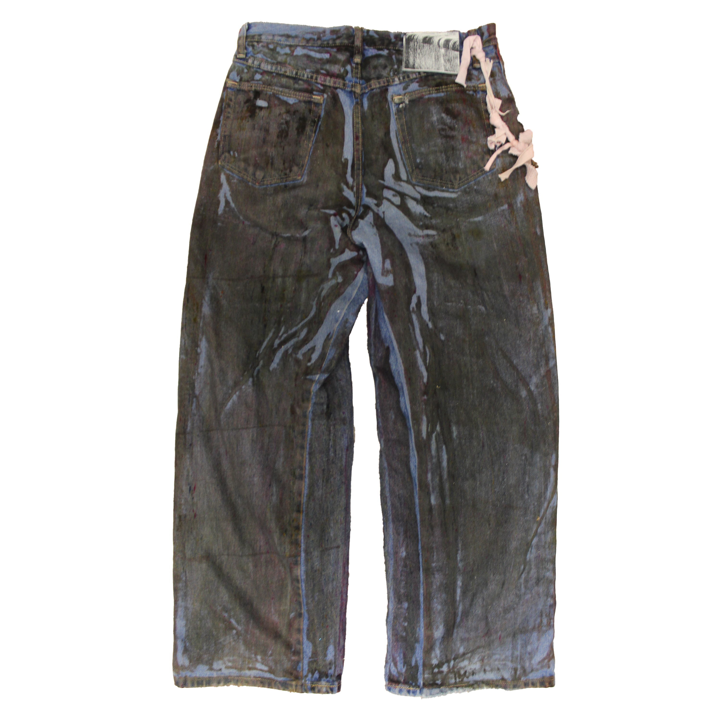 reclaimed vintage surplus denim screen printed with textile dye & various metals. tailored for straight/wide fit. fitted with custom keychain, scrap chain, and leather patches