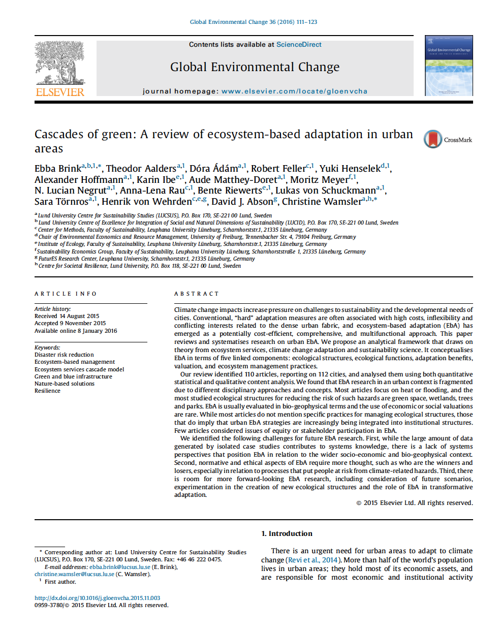 Brink, E. et al. Cascades of green: A review of ecosystem-based adaptation in urban areas. Global Environmental Change 36, 111–123 (2016).