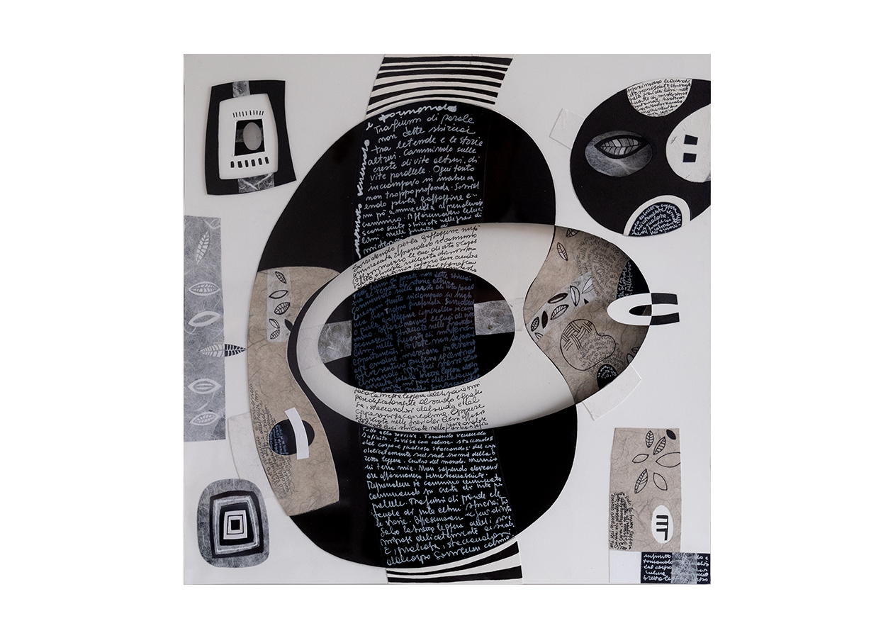 Infinito, venendo e tornando (China su carta, collage, cm 46x46, 2023)