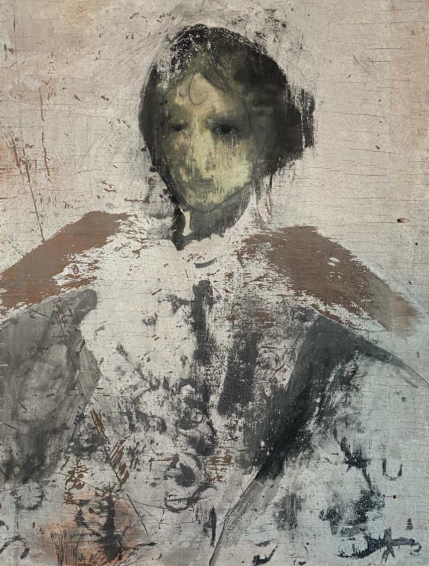 self portrait, 18” x 24” Oil and pastel on sanded wood