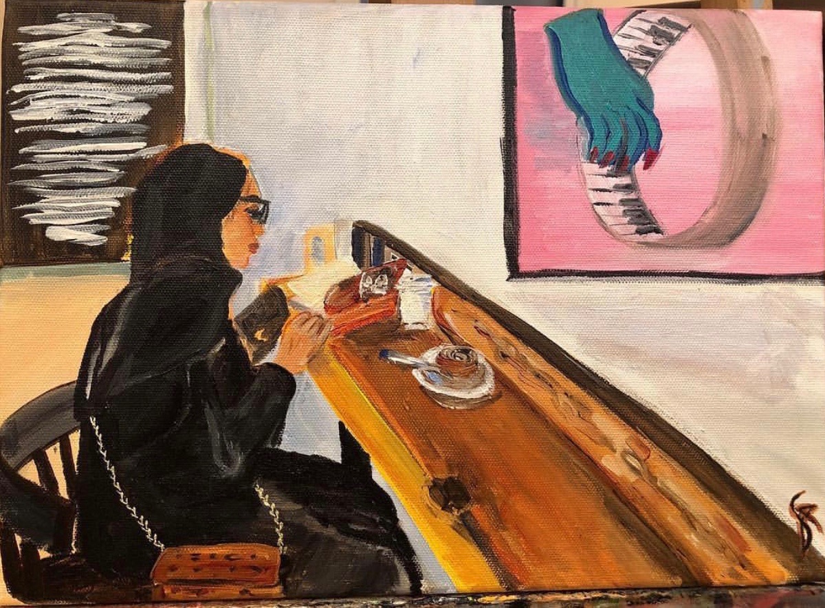'Reading In The Cafe' ‎'قراءة في المقهى' ‎أكريليك على قماش ‎⁦‪#Acrylic‬⁩ on 10x14” canvas