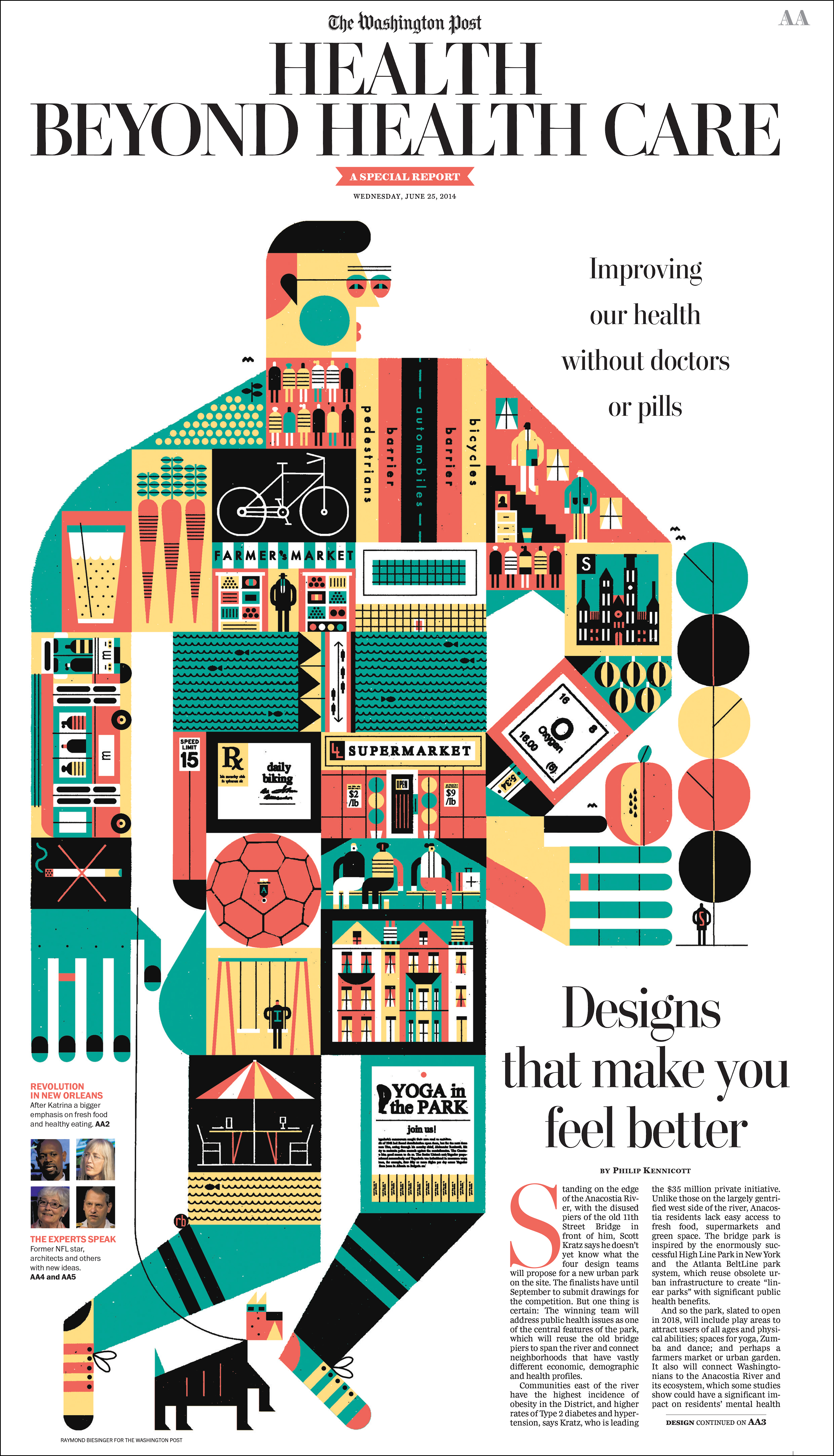 Newspaper layout featuring a colourful illustration of a large figure who is also a city