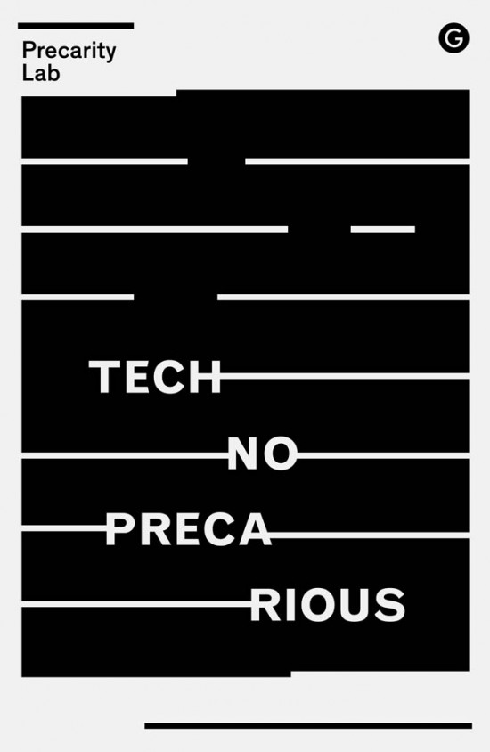 A book cover with a black background and white lines and the title Technoprecarious.