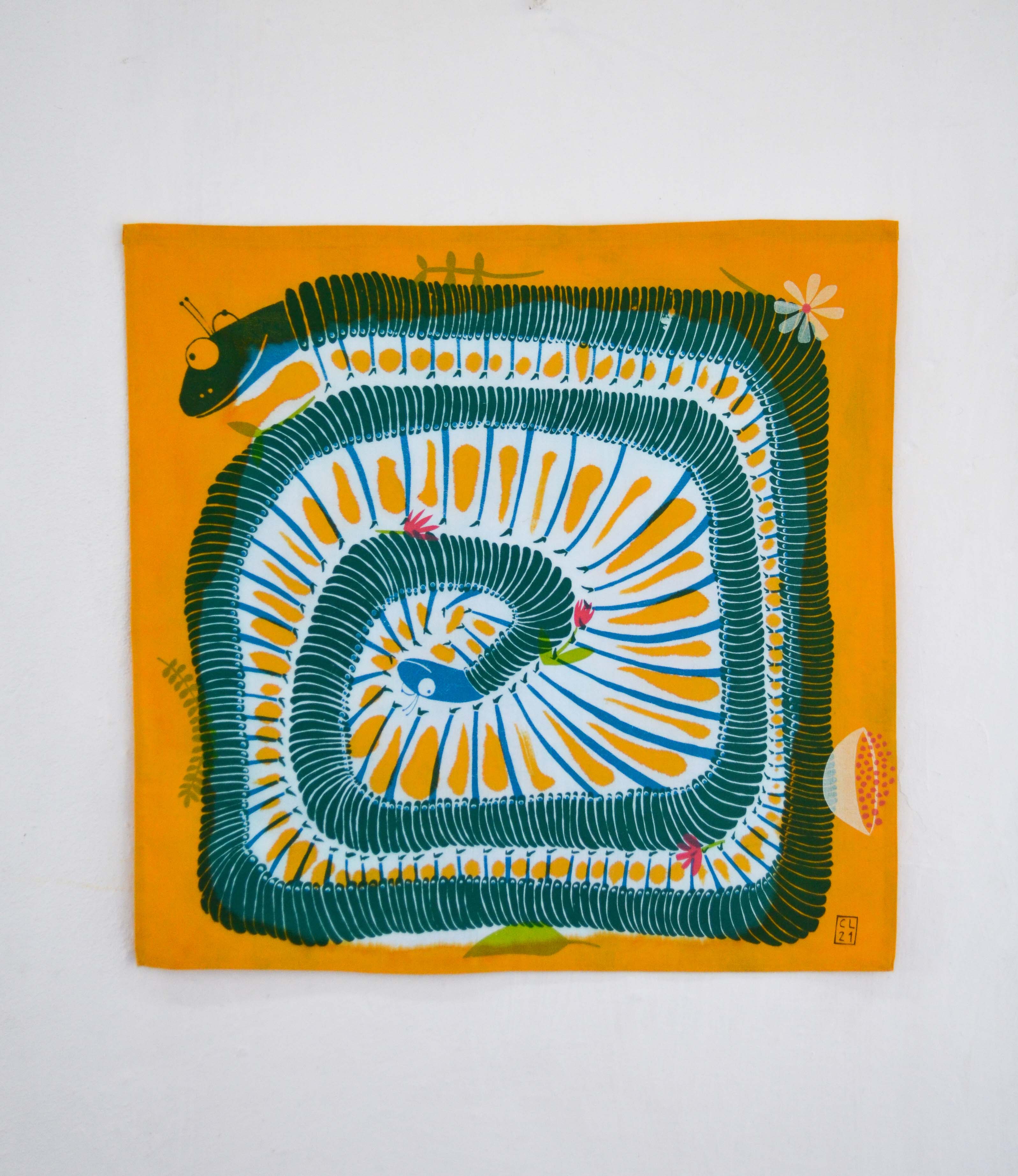 Wall hanging for a baby's nursery; silkscreen print on cotton/ hand- embroidered cloth and bag