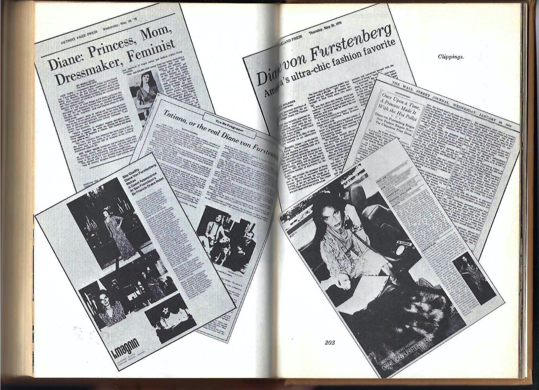 A few casual news clippings (this spread is 1 of 3) which assert DVF as an elite, ultra-wealthy, feminist, mother and literal princess.