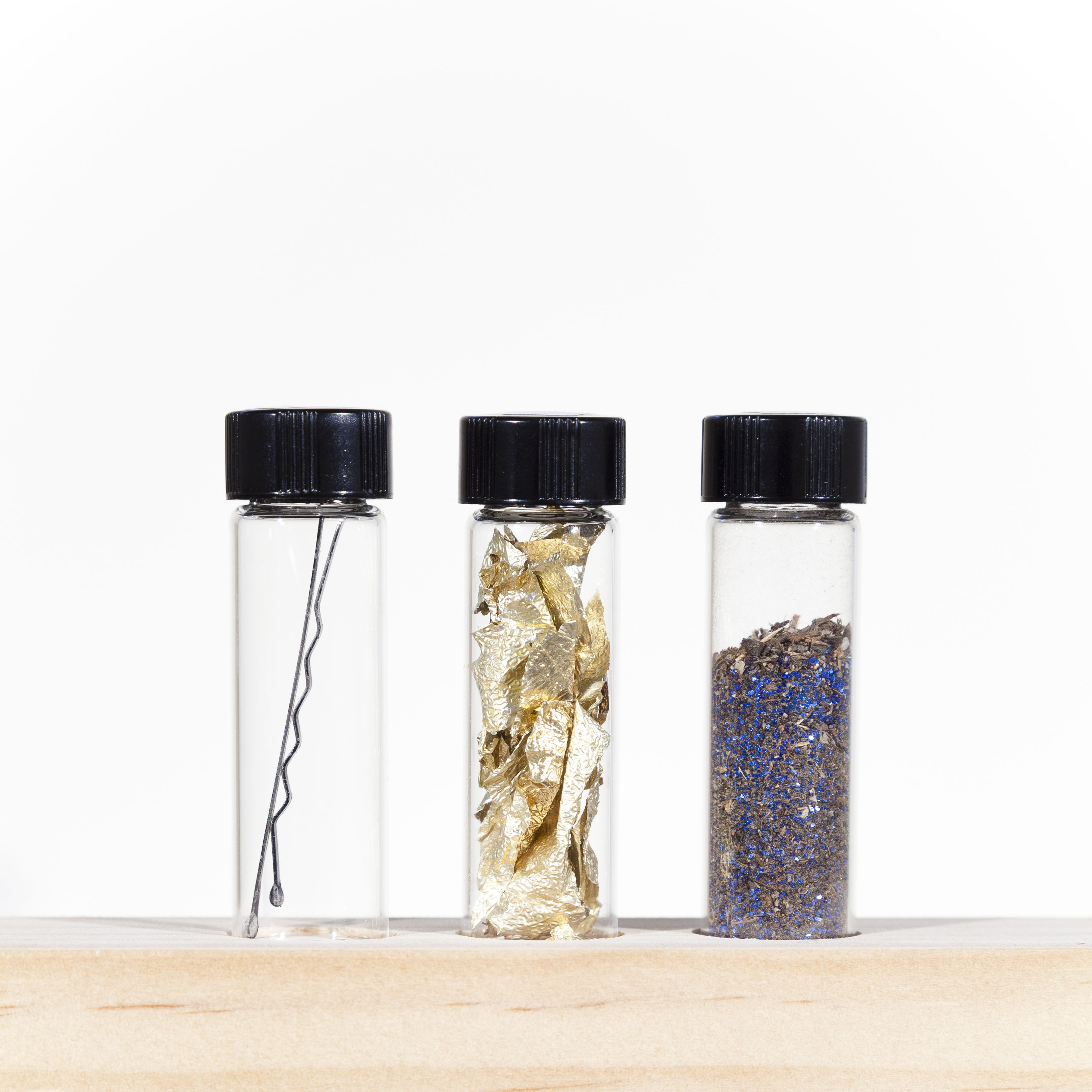 70. Black bobby pin - Koreatown, 6/30 71. Gold foil from two Negra Modelo bottles - Koreatown, 7/1 72. Blue glitter and dirt, poured over fire hydrant - Koreatown, Los Angeles, 7/1