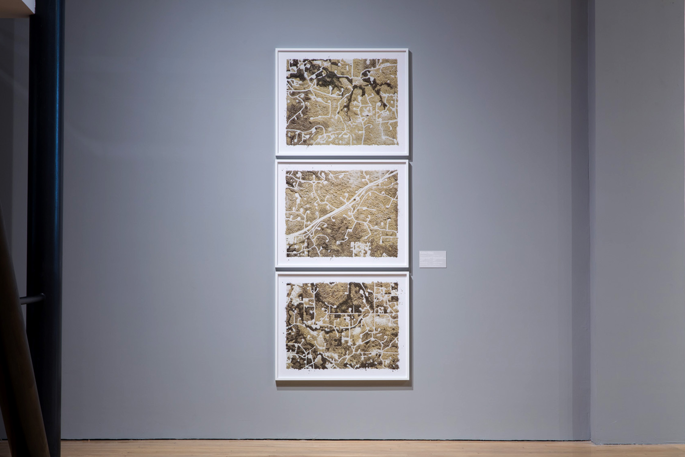 Notes On Hydraulic Fracturing, 2016, [94cm x 76cm], California Museum of Photography, 2018  Digital c-type print of satellite image of fracked USA landscape recreated using soil and sand collected from exploratory wells around the UK  White aluminium tray frame with non reflective glass 