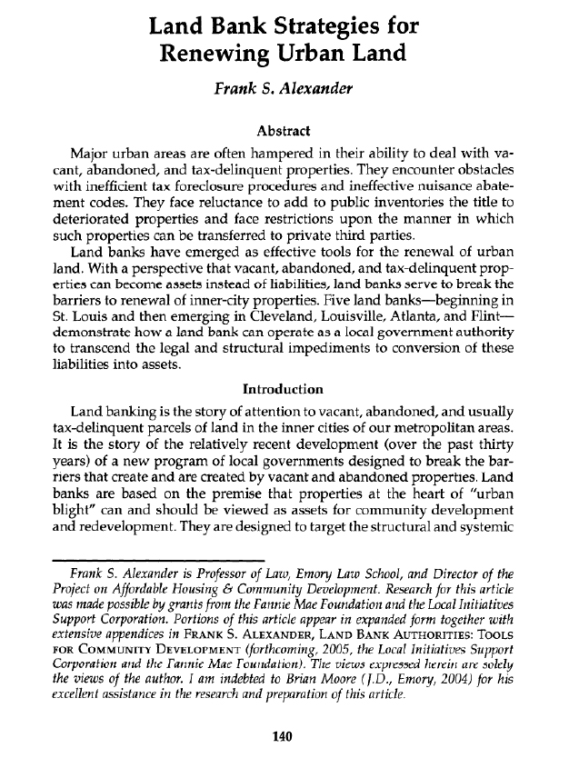 Land Bank Strategies for Renewing Urban Land