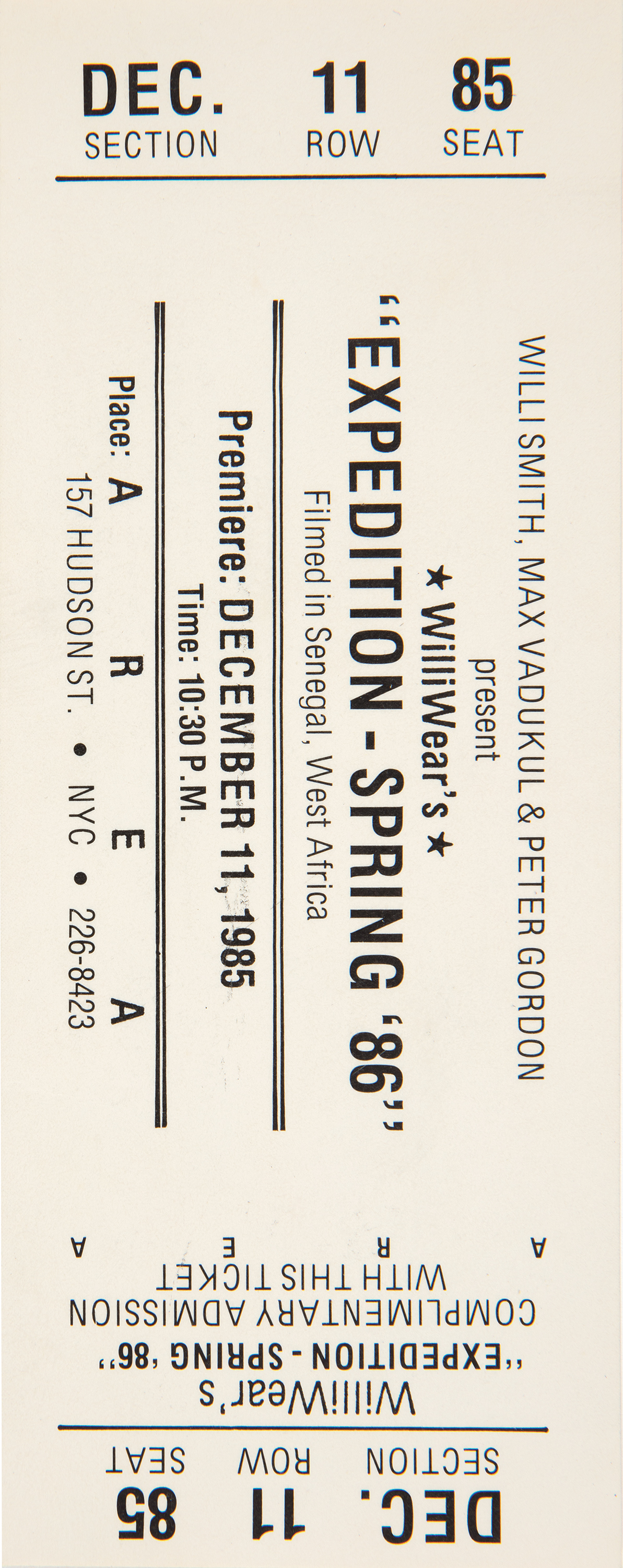 Ticket, Expedition, Spring 1986 Collection Screening, AREA, 1985