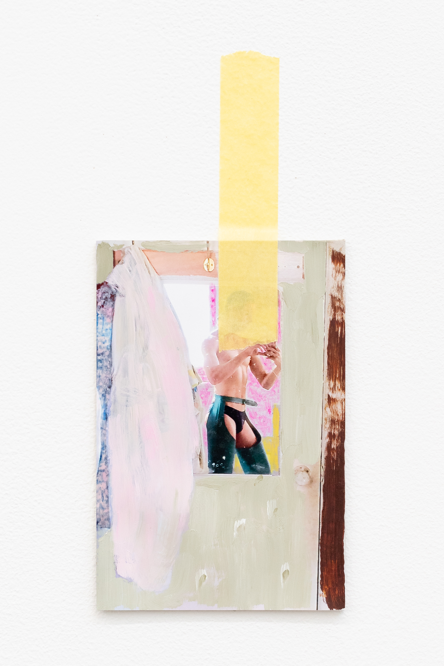 untitled, 2022, Oil, felt tip marker and wax crayon on photograph, masking tape, 15 x 10cm