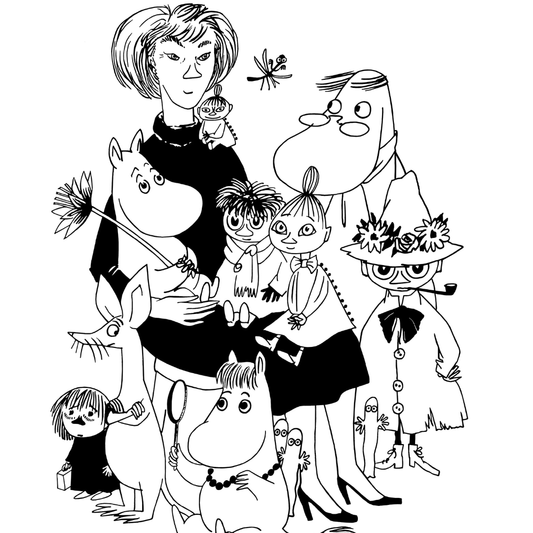 Tove Jansson’s selfportait with the Moomins. © Moomin Characters™