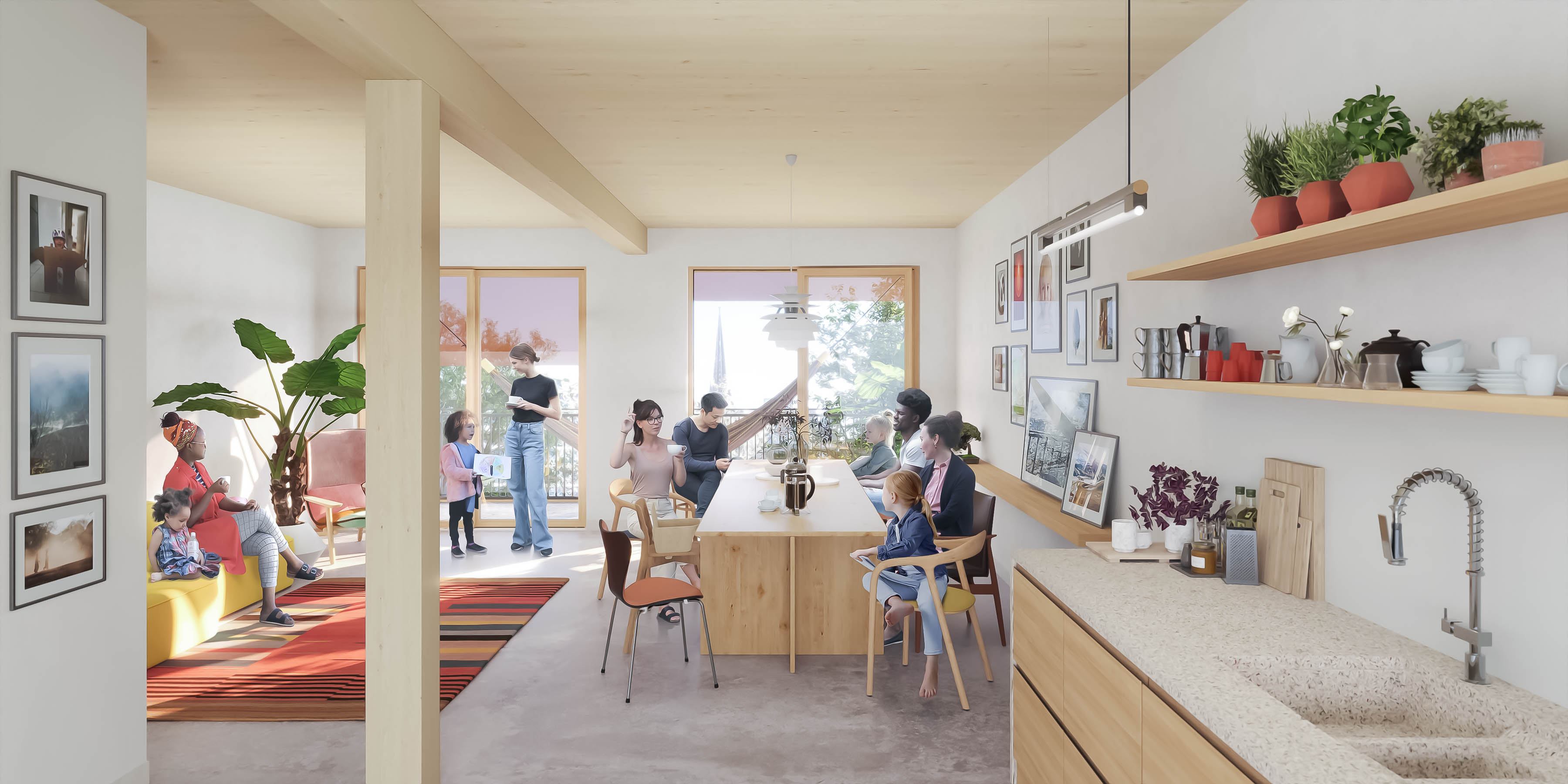 Colourful Interior Rendering of a typical ecofriendly apartment space by UrbanScaleTimber.