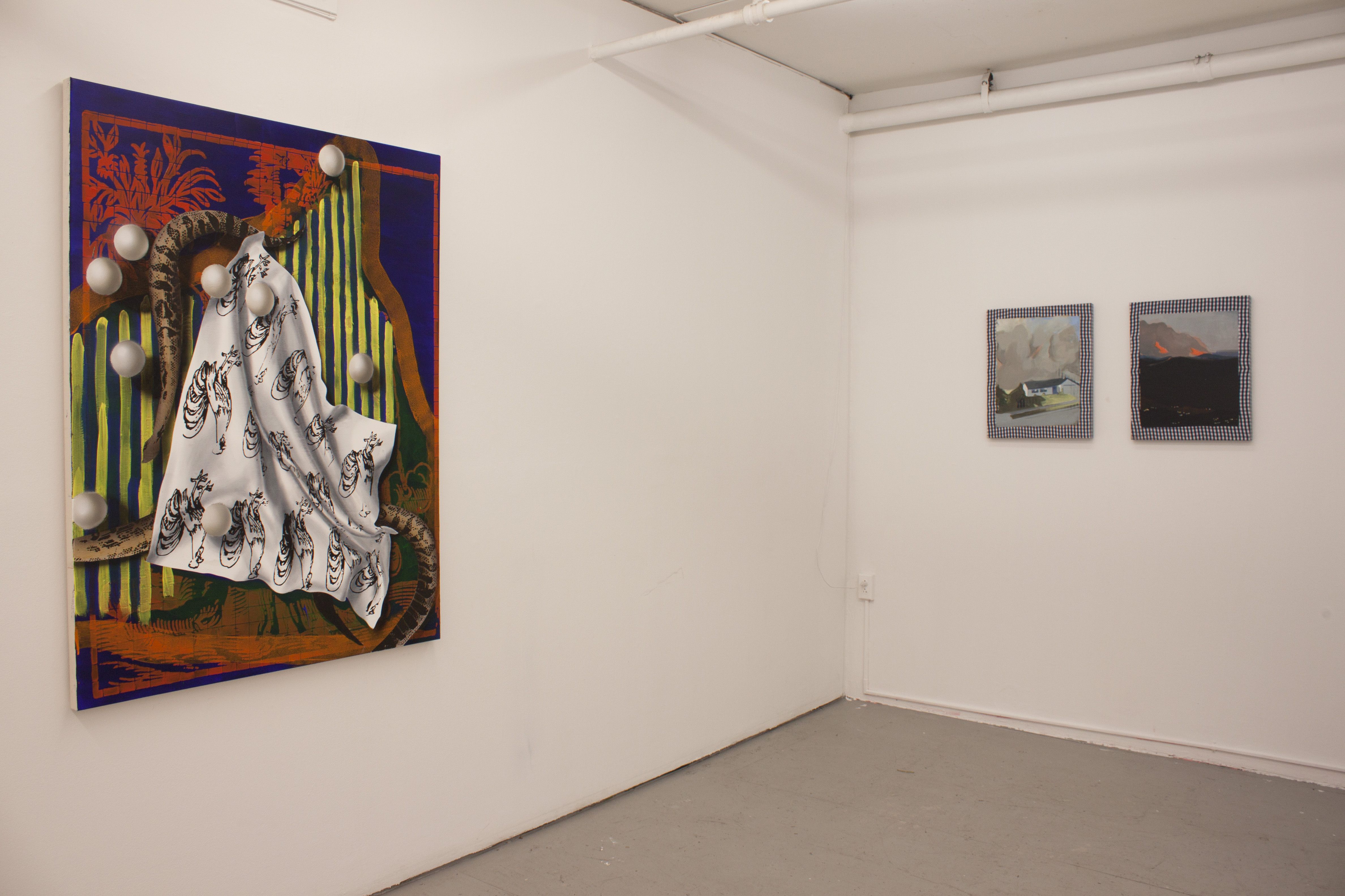 Installation View, Signs Foretelling, Paintings by Yael Ben-Simon (left) and Charlotte Lethbridge (right)