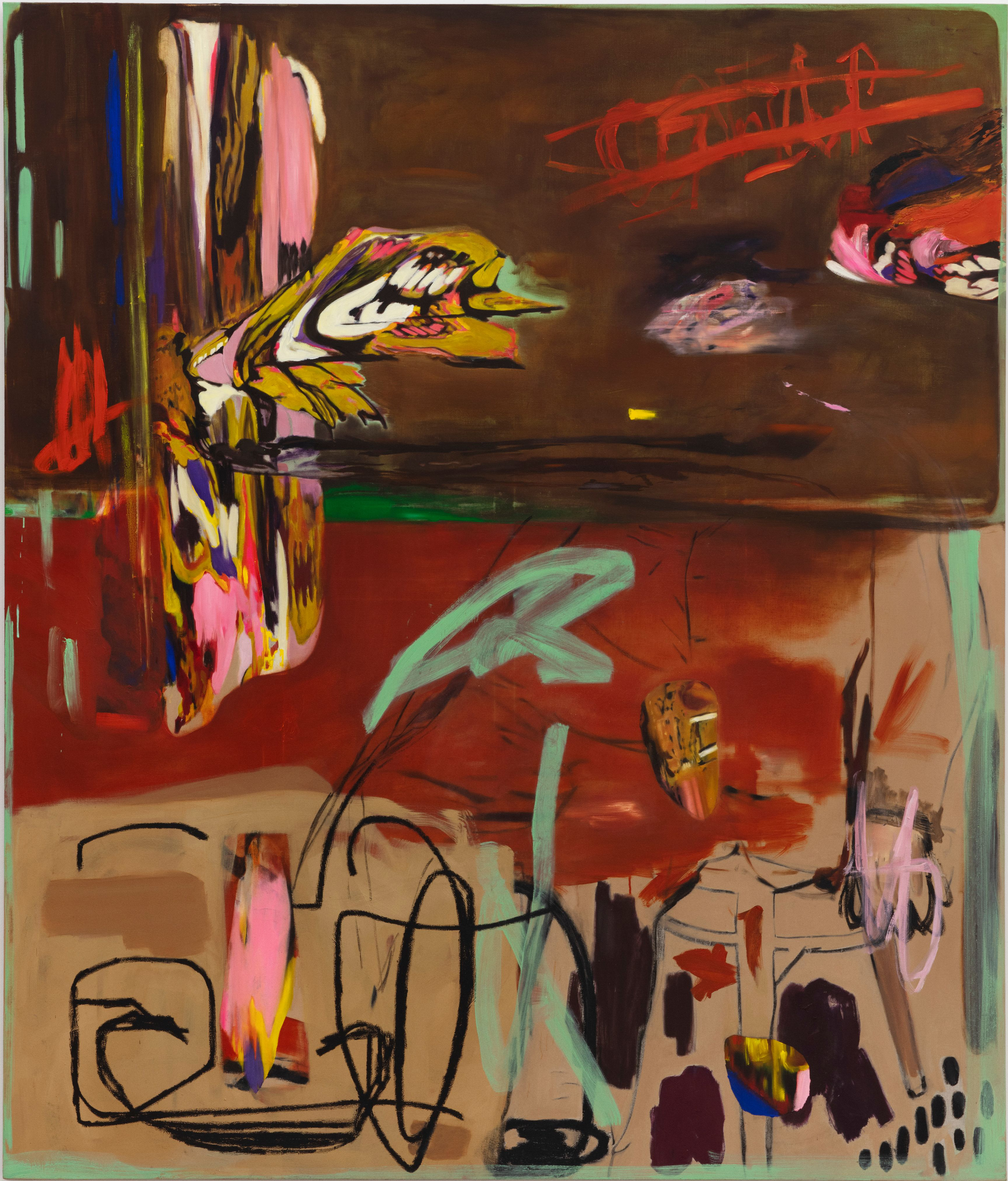 Intoxicated Rest, 2024, huile, bâton d’huile, fusain sur toile 210x178cm