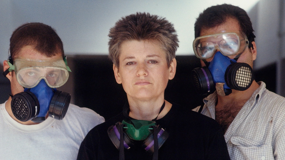 Von Rydingsvard and assistants preparing to work on Ene Due Rabe, San Francisco, 1990.