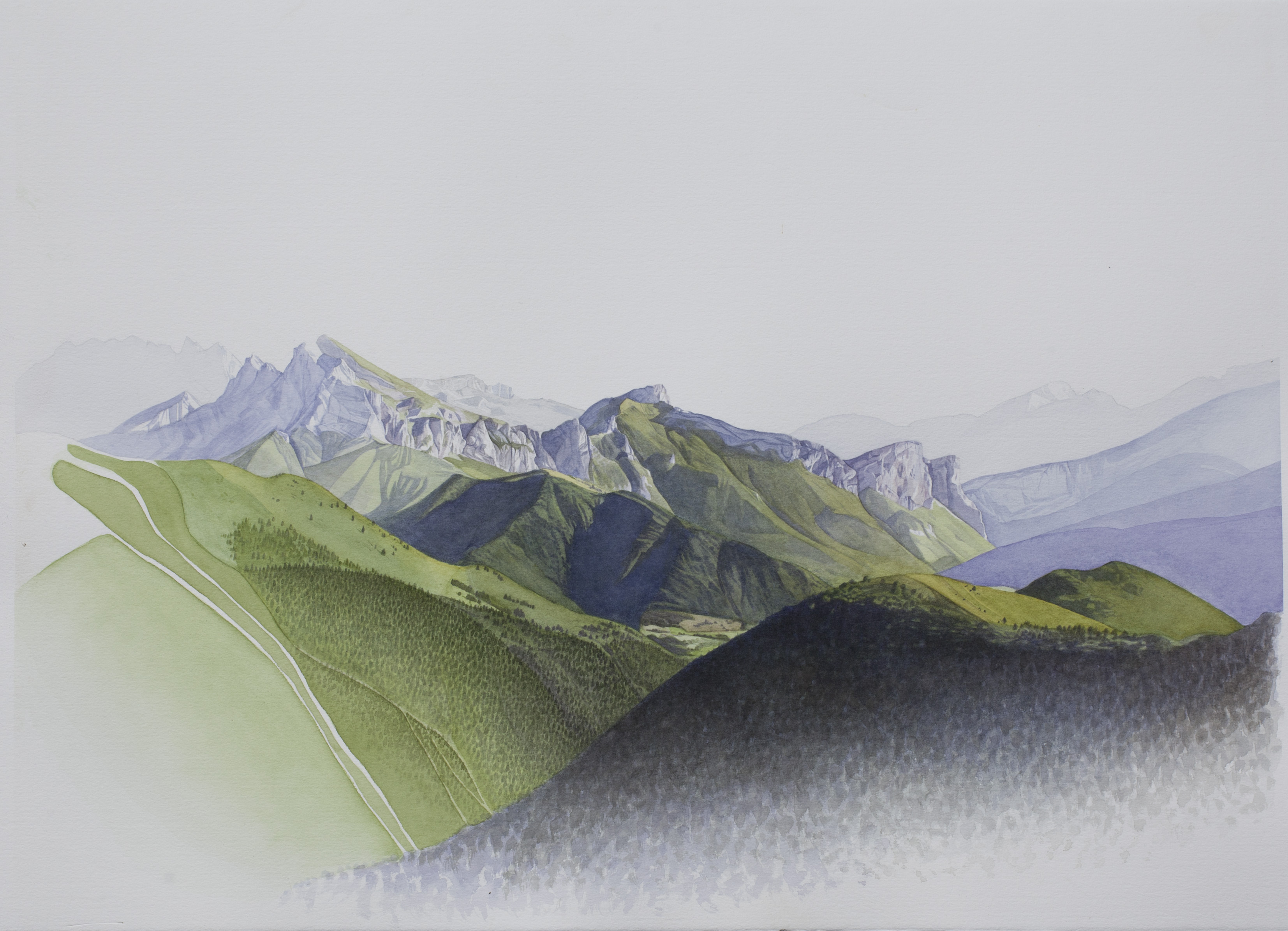 Nord du D&eacute;voluy depuis le sanctuaire de la Salette (aquarelle, 56x76 cm, fin 2024 et d&eacute;but 2025))