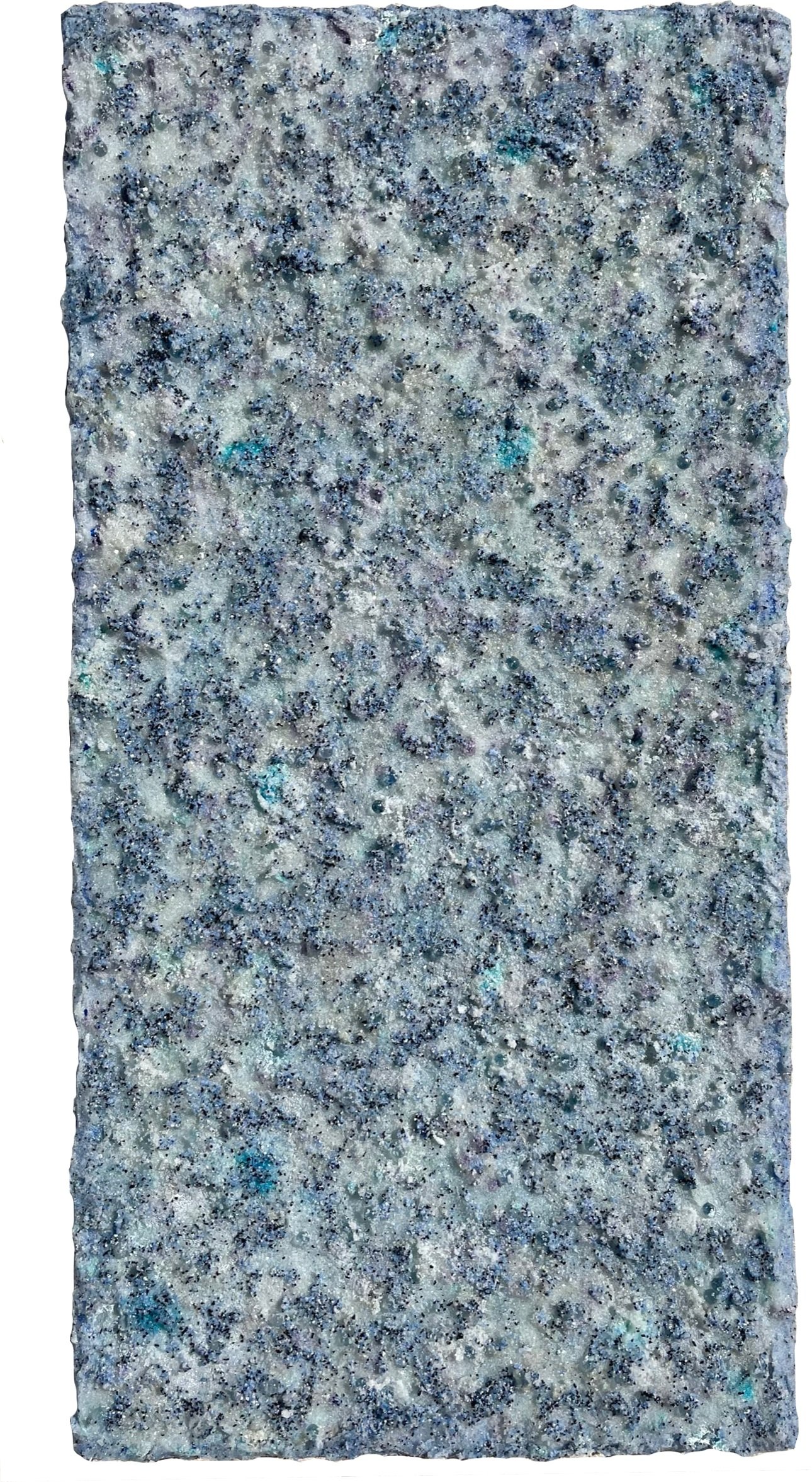 Bahamian Reef; Blue quartz aggregate, glass, mica flakes, pumice, white sand, magnesium, acrylic and disperse dyes on canvas, 12”x24”