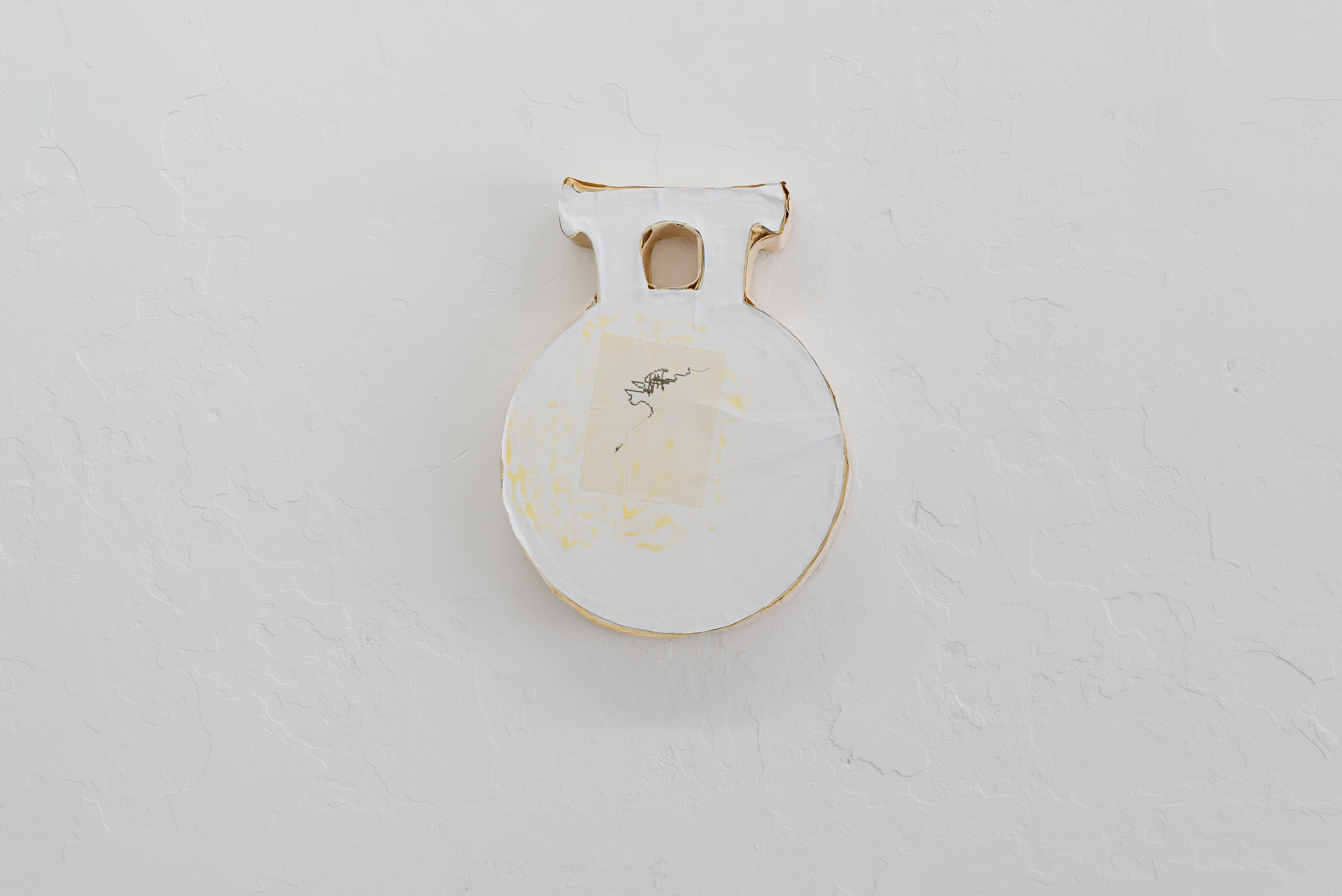 Erika Vogt, Image Blocker 6. Acrylic, linen, paper, thread, marker. 2024.