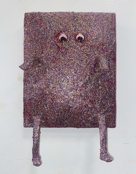 Glitter baby 2: a disproof of inertia, acrylic, googly eyes, glitter, stuffed canvas, 8"x10", 2023