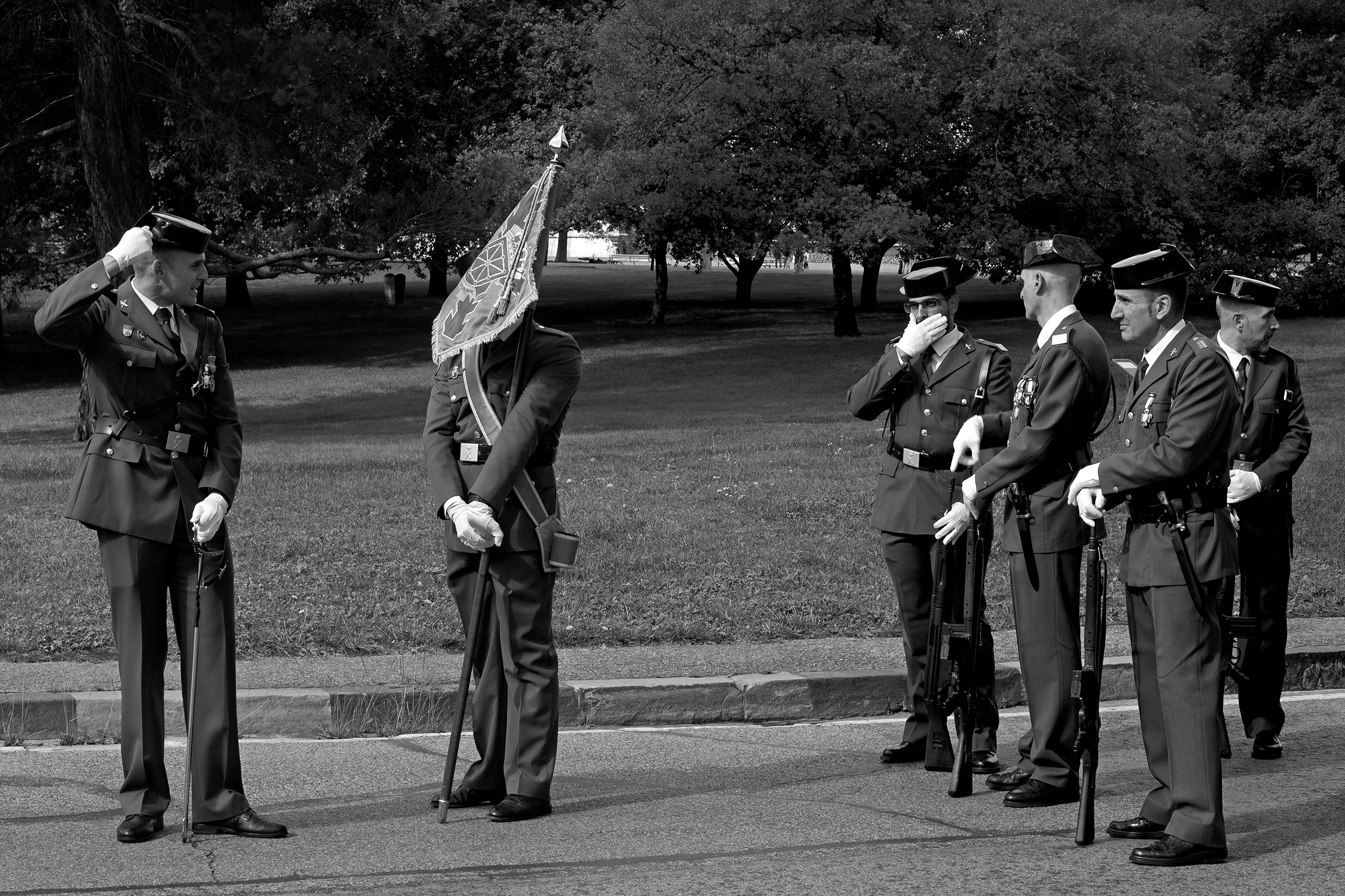 Civil Guards waiting to paradePamplona, Spain, 2022photography, bw, single