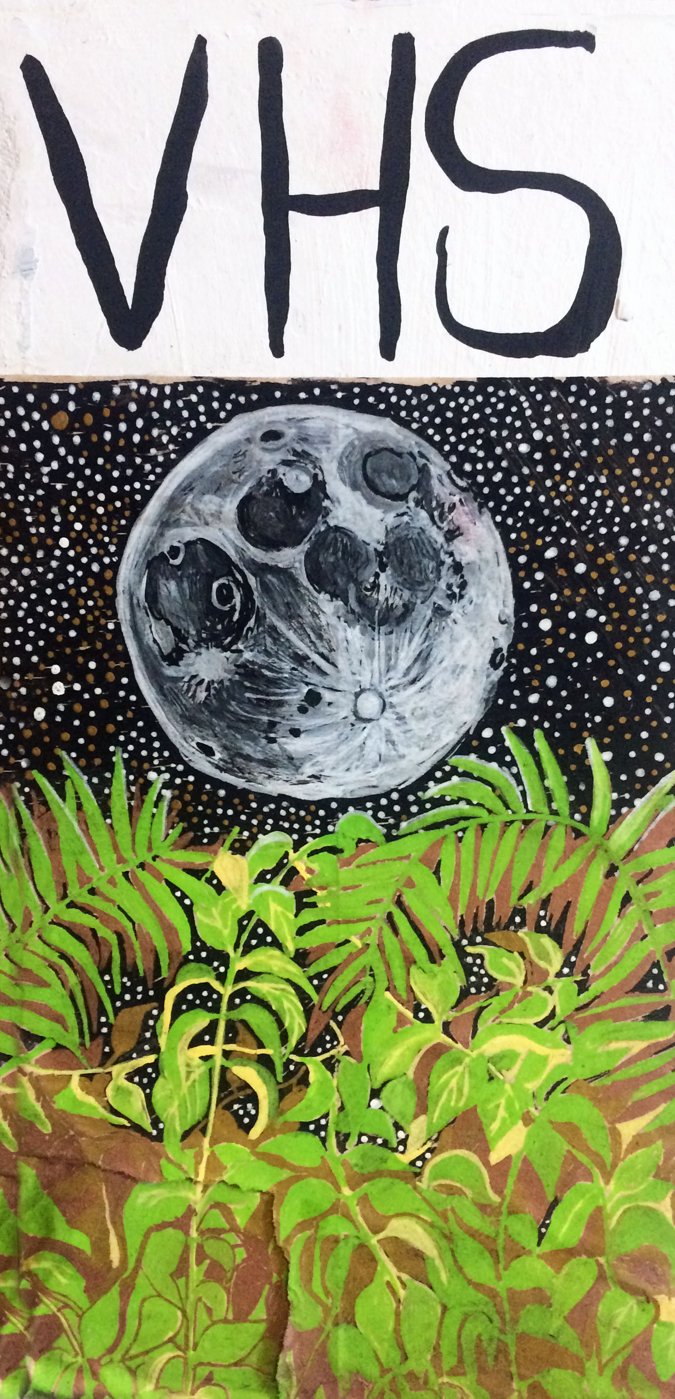 VHS. Acrylic ink on paper and wood, 2020.