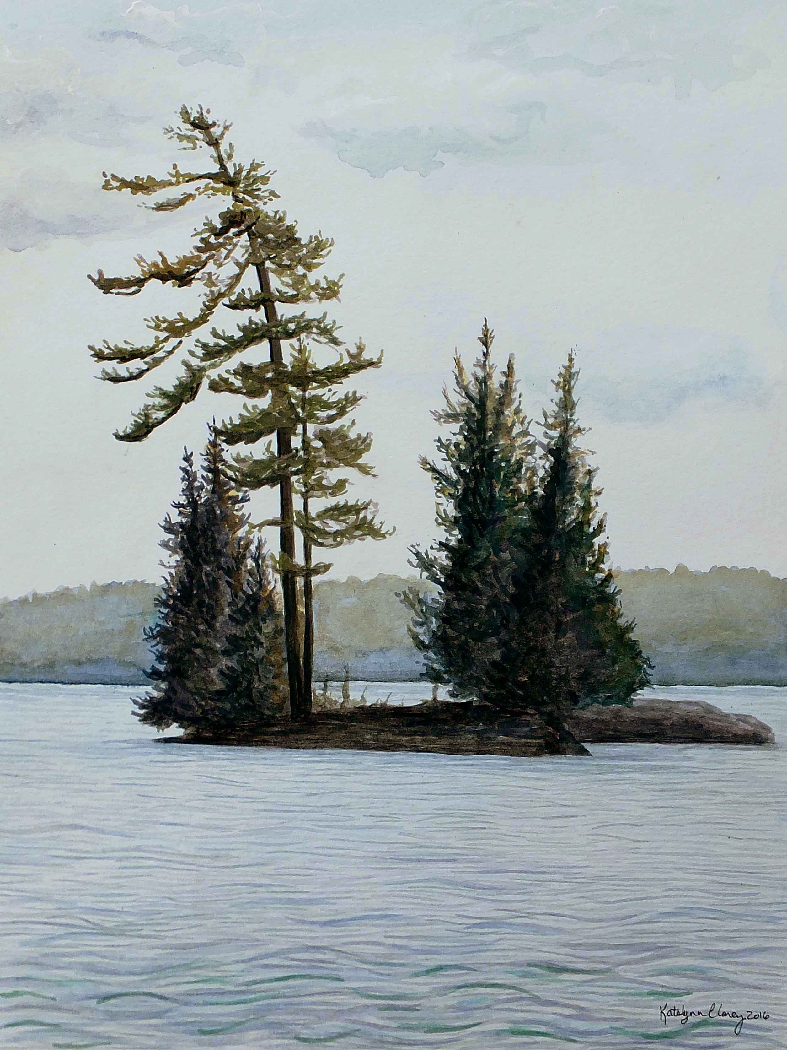 Twin Island, Charleston Lake, Watercolor on Paper, SOLD