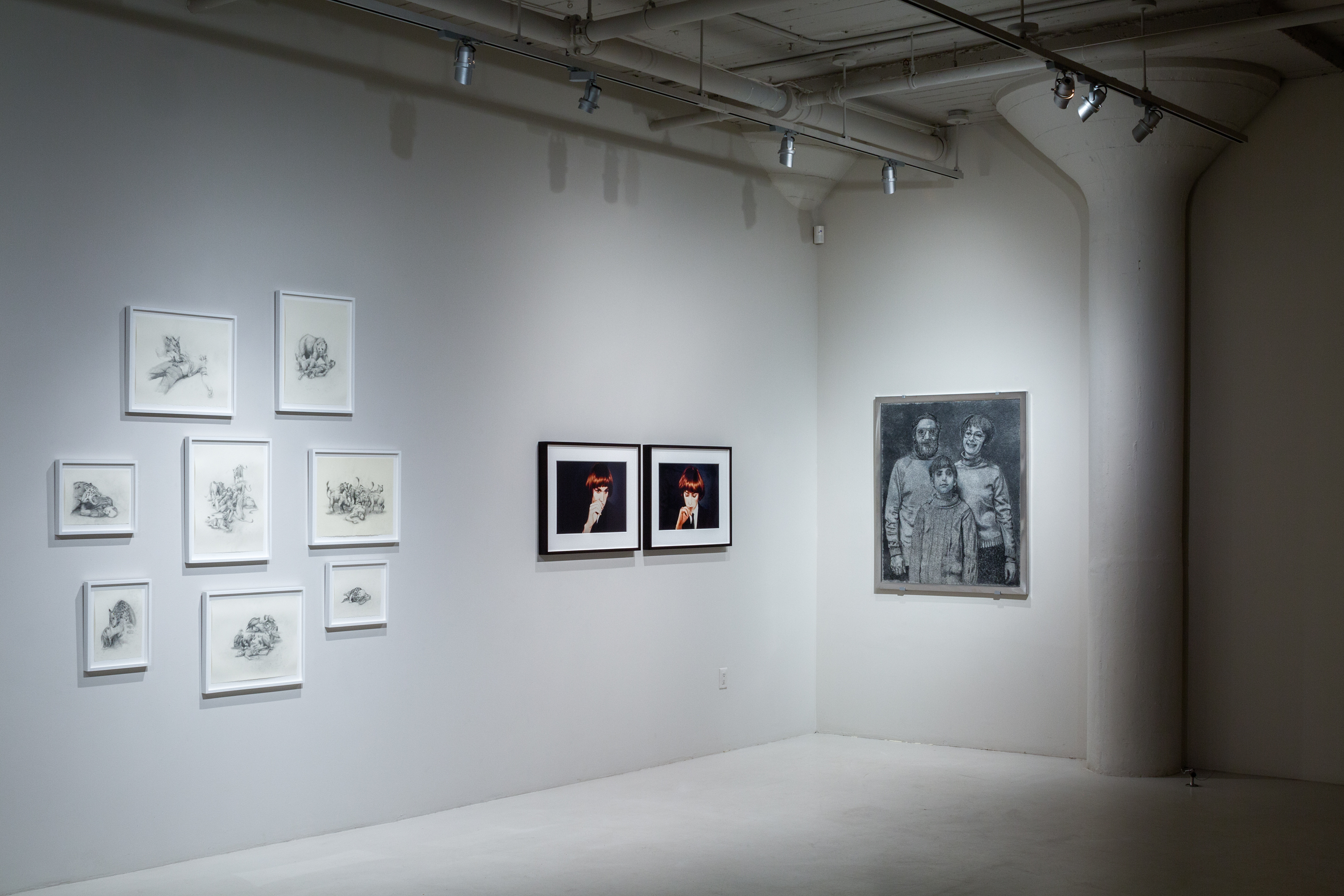  Neil Goldberg, Wild Animals Eat My Family and Me, 2015, 8 drawings, graphite on paper, dimensions variable. Cindy Sherman and Richard Prince Double Self-Portrait, 1980, Ektacolor photographs, each 24 x 20 in. Richard Artschwager, Untitled, 1968, mixed media on masonic, 44 1/8 x 37 3/4 in. (Credit Rafael Gamo.)