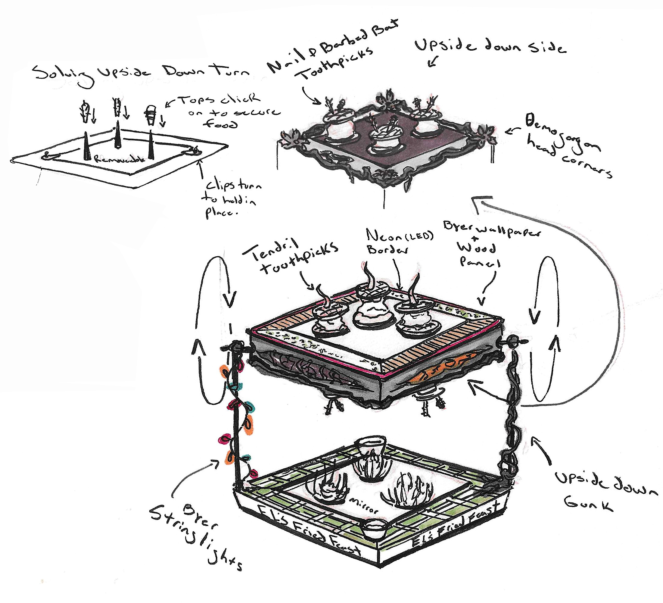 This kinetic concept plays on the idea of travel between the normal town of Hawkins vs. the Upside Down. The display plate rotates on its diagonal axis and the two variations of chicken sandwich are pinned to their respective themed sides. Spiked Bats pin the black Upside Down sandwiches to one side, and Tendrils pin the Normal Hawkins sandwiches to the other side. The mirrored plate below holds the side dish of fried onions, catching the delicious drippings of the sandwiches and reflecting the sandwiches of the Upside Down.