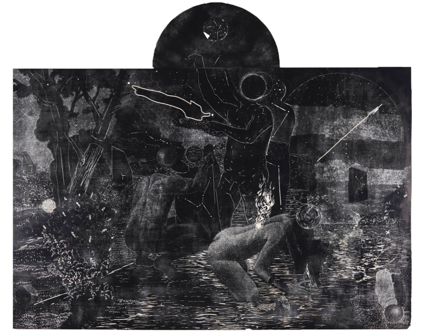 The Interpreters. 60 x 60 in. Woodcut matrix  oil on carved hydrocal. 2022