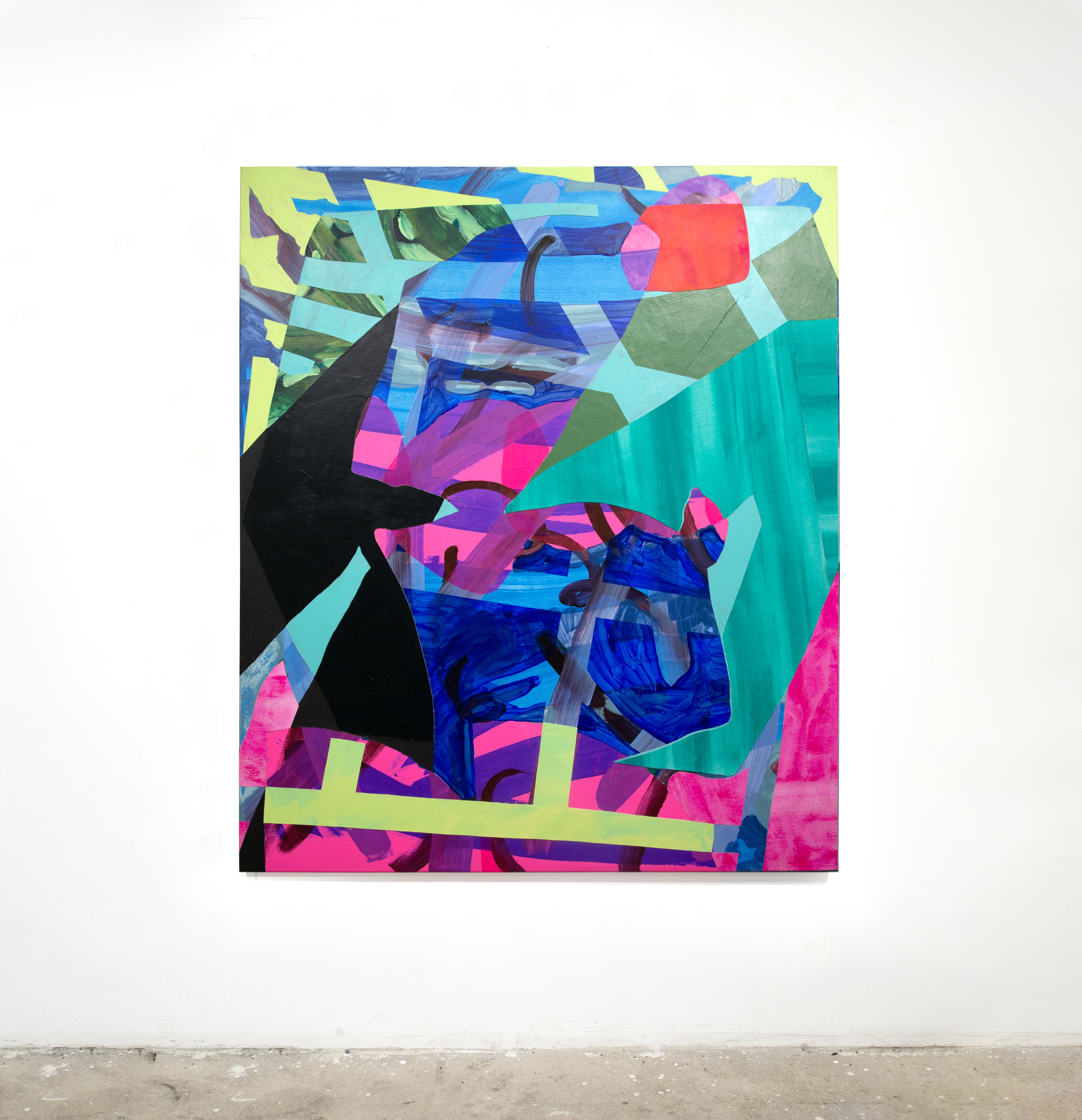 "Negative/negative", 2025, 56 x 46 in, Acrylic and vinyl on collaged canvas 