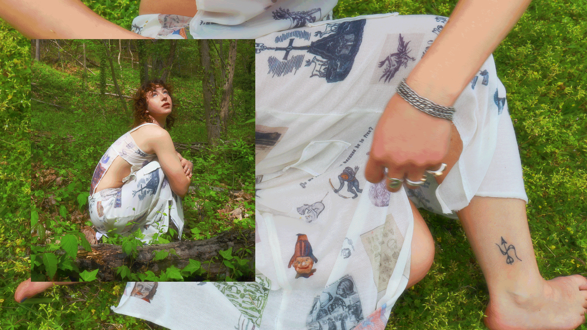 A gif of small cutout scans of drawings popping up around an image of me, a white femme wearing printed long white skirt and printed top crouching in a forest.