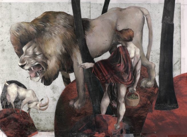 Zeus as a LionOil paint on paper, collage, 50 x 60cmSerie: Prometheus - The Battle of the Titans/Text: Franz FühmannPublisher: Hinstorff Verlag, Rostock, 2011