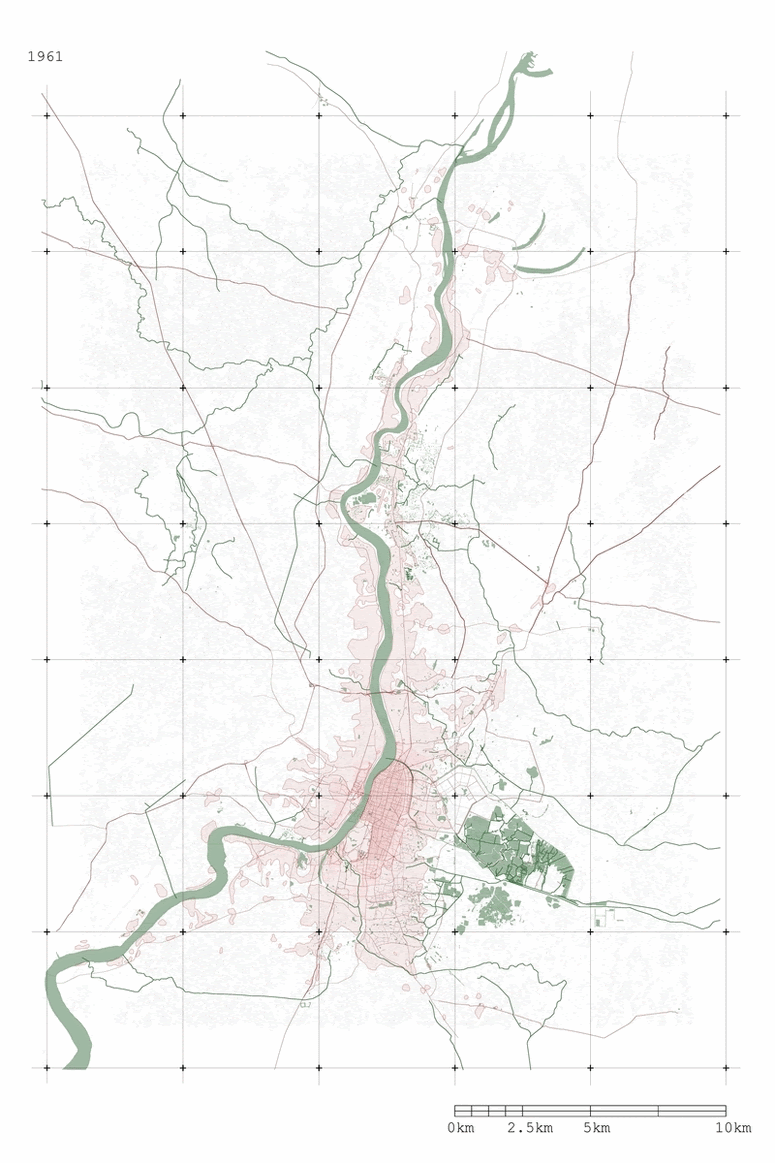 Fig. 14. For a studio course titled “Water Urbanism Kolkata” in Columbia University’s GSAPP urban design program, students researched the growth, by urbanization, and shrinkage, by flooding, of the city: (left) Urban Growth of Kolkata 1961-2017, Map Action - Nabi Agzamov and (right) Sea Level Rise Future Scenario.