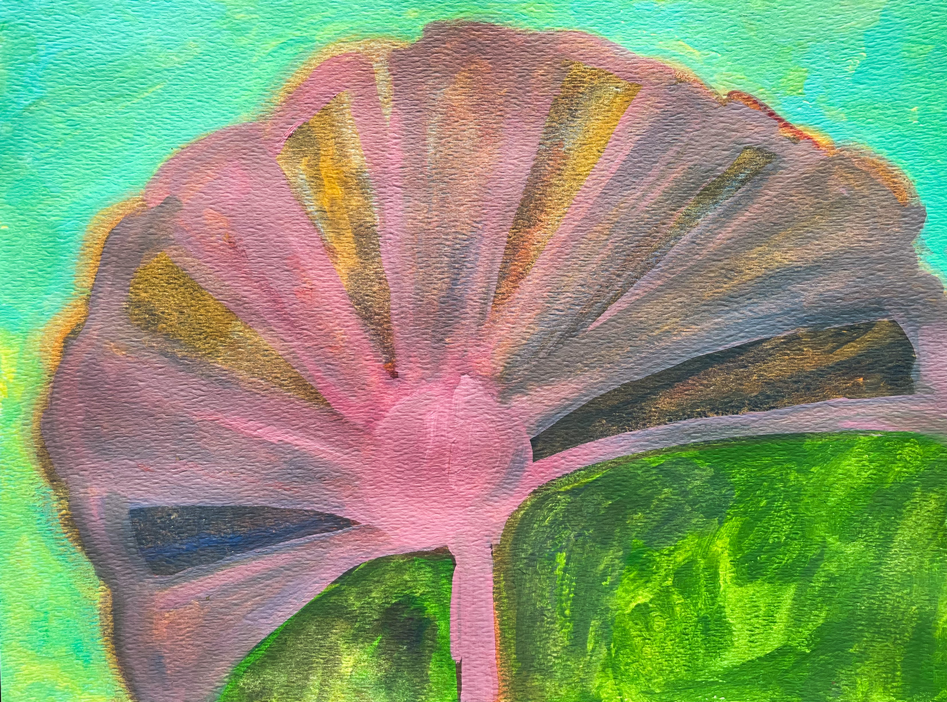 Sunrise Behind a Flower (2023), oil paint on paper.  9 x 12 inches.