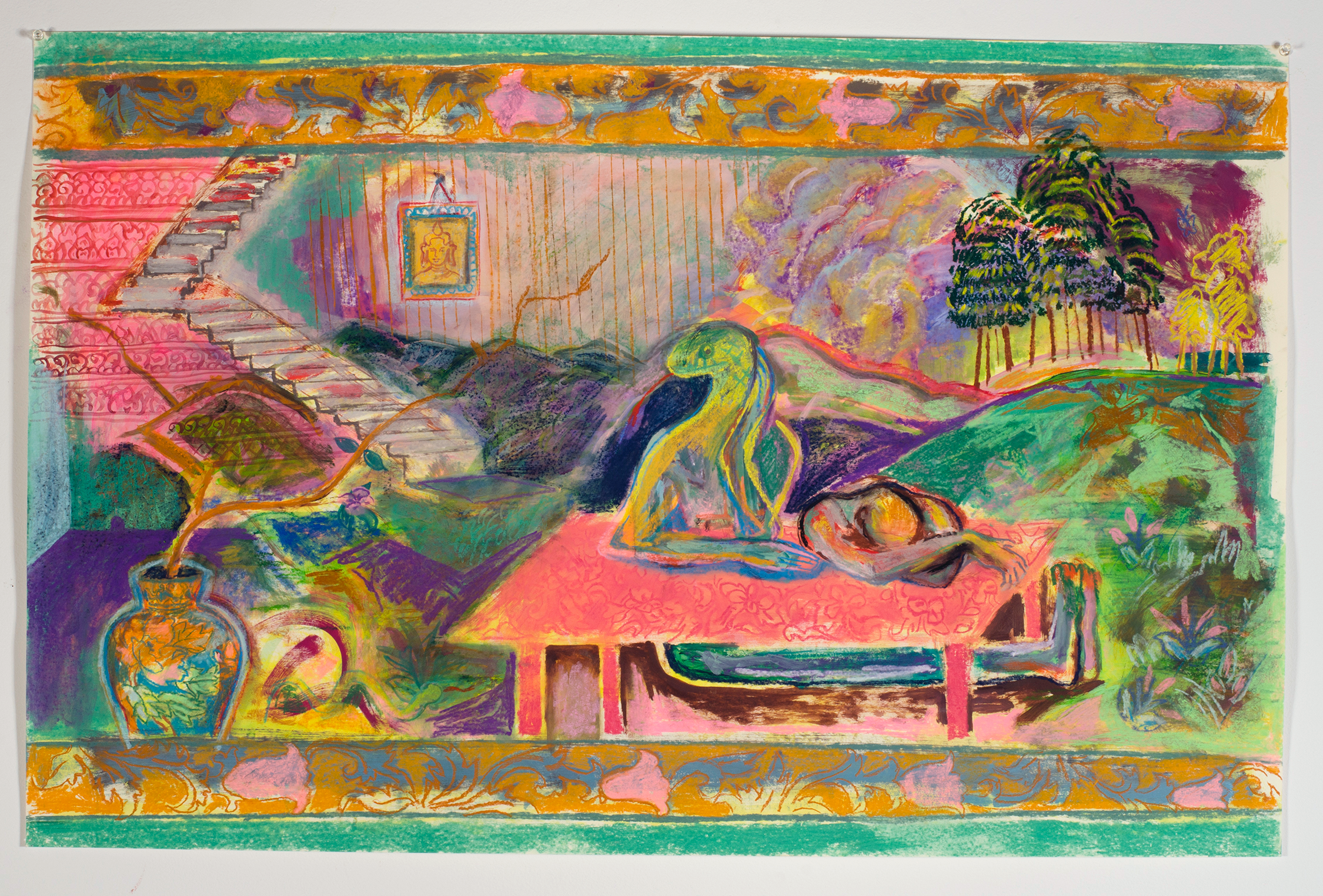 ជាមួយគ្នា (Stairway to Heaven), 2022. Mixed media on paper: oil, acrylic, soft pastels, 40” x 26”. Photo by Mel Taing.