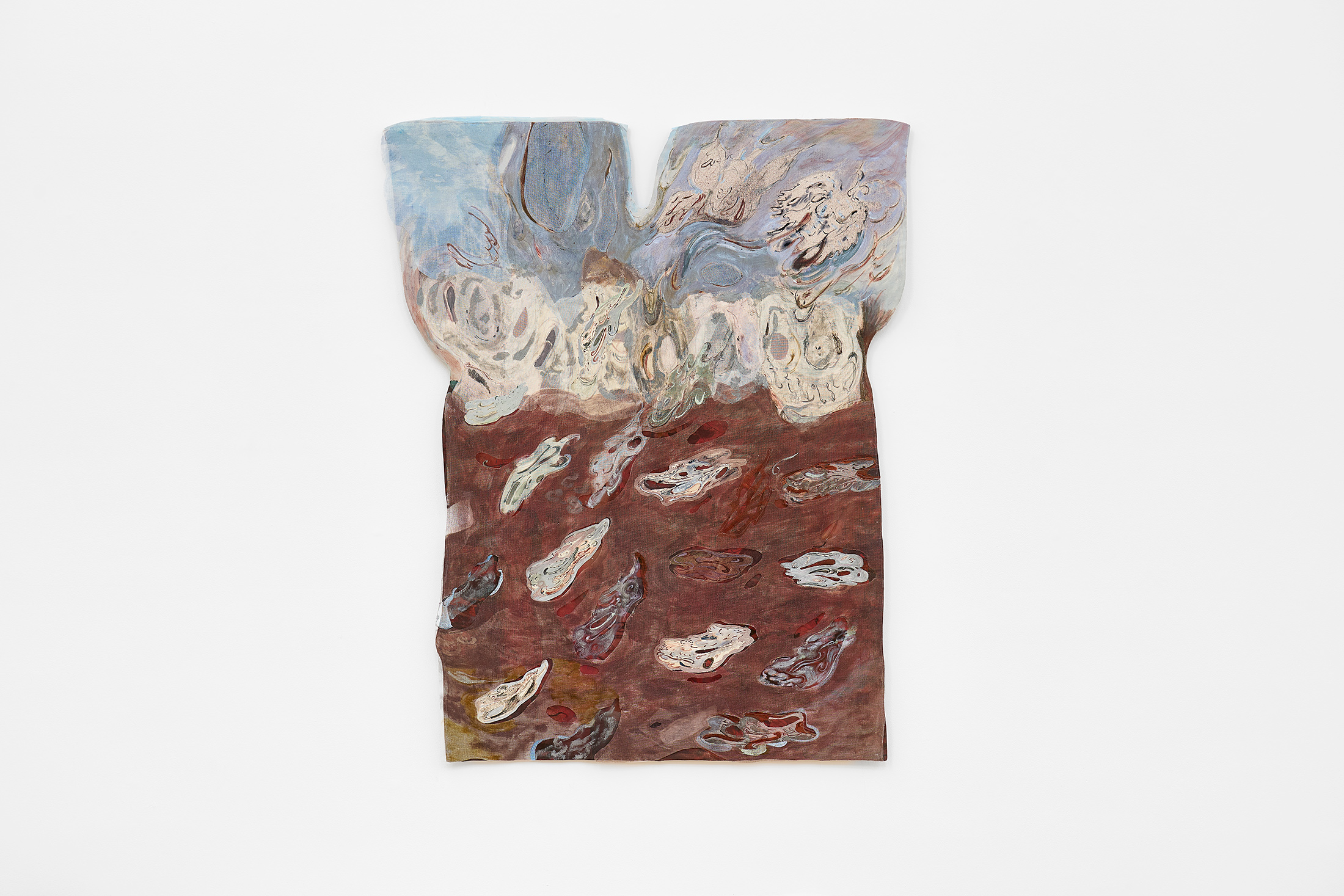 Jeanne Gaigher, leaves  messengers  leaves  messengers I (2025) | Ink, acrylic, raw canvas, scrim, thread, kiaat wood, 185 x 150 x 2.5 cm