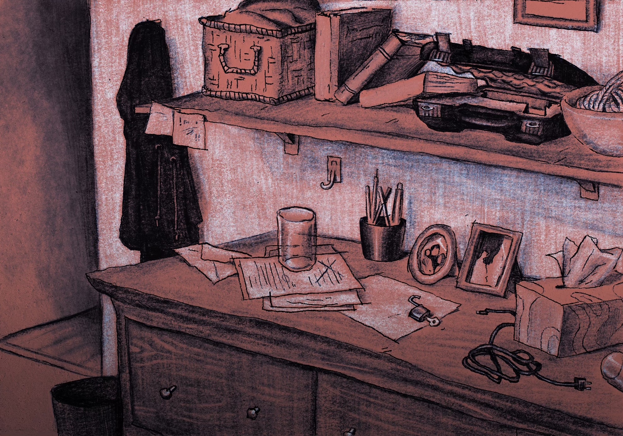 "A Handgun for Christmas" by Lisa Miller for New York Magazine. A school shooting perpetrator, his family, and a crisis of neglect. Graphite and digital.