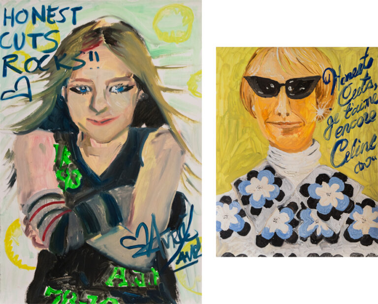 2 paintings. The first painting is a portrait of the singer Avril Lavigne. There is text that reads: "Honest cuts rocks!" and it is jokingly signed by Avril Lavigne. The second painting is a portrait of the singer Celine Dion. There is text that reads: "Honest Cuts, Je t'aime, l'encore!" it is jokingly signed by Celine Dion.