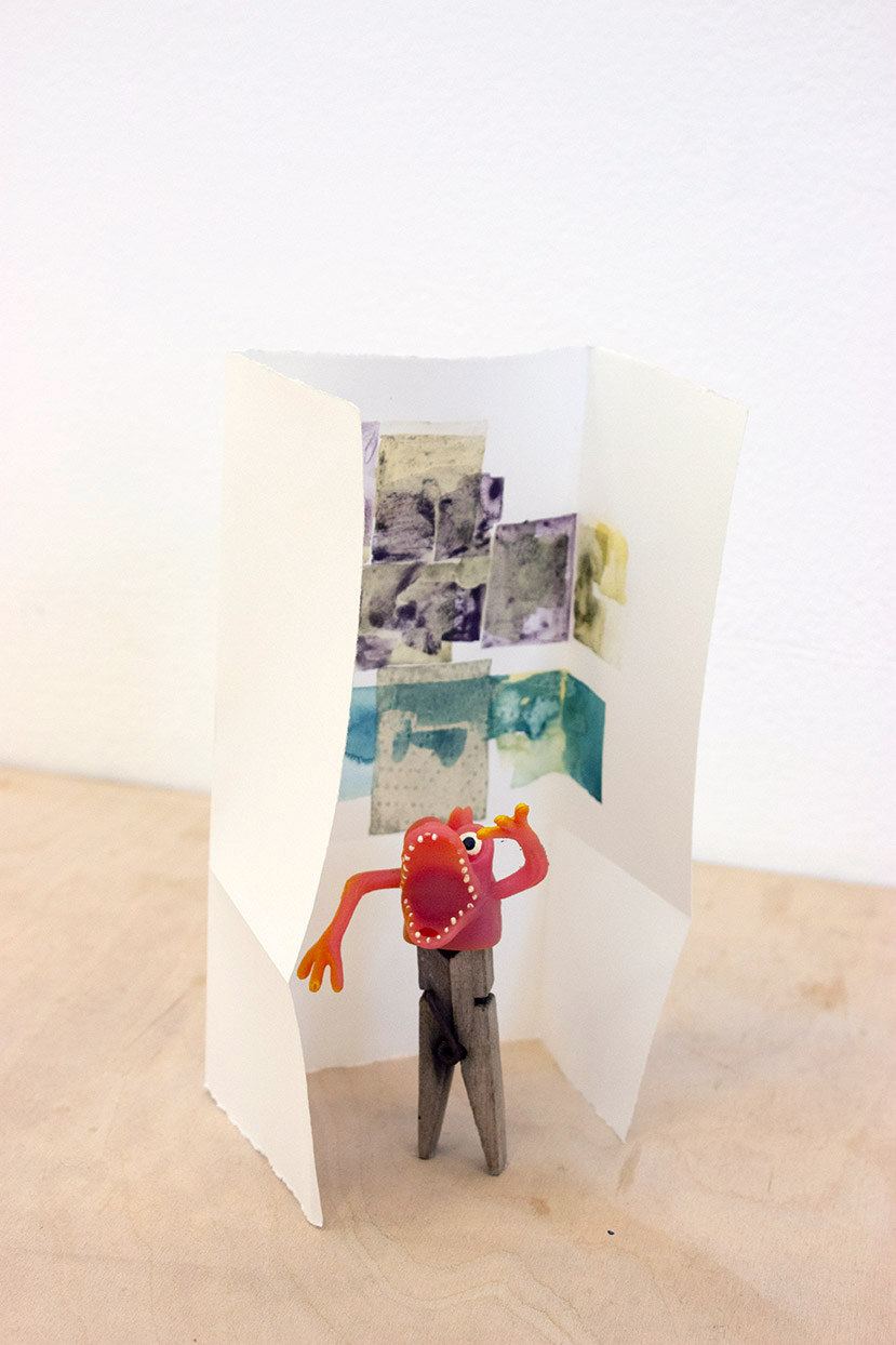 Monster, pigment, rubber monster, clothes-peg, paper, 9"x 5"x 4
