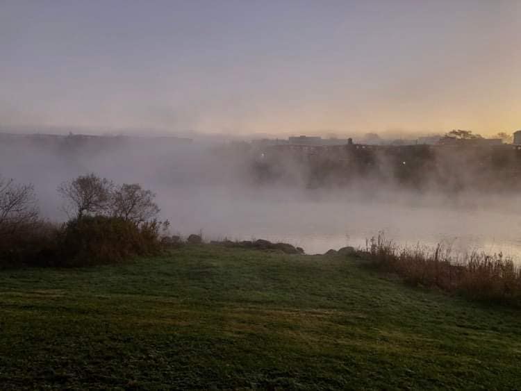 Barbara Lounder walks the sunrise in Nova Scotia on a foggy day.