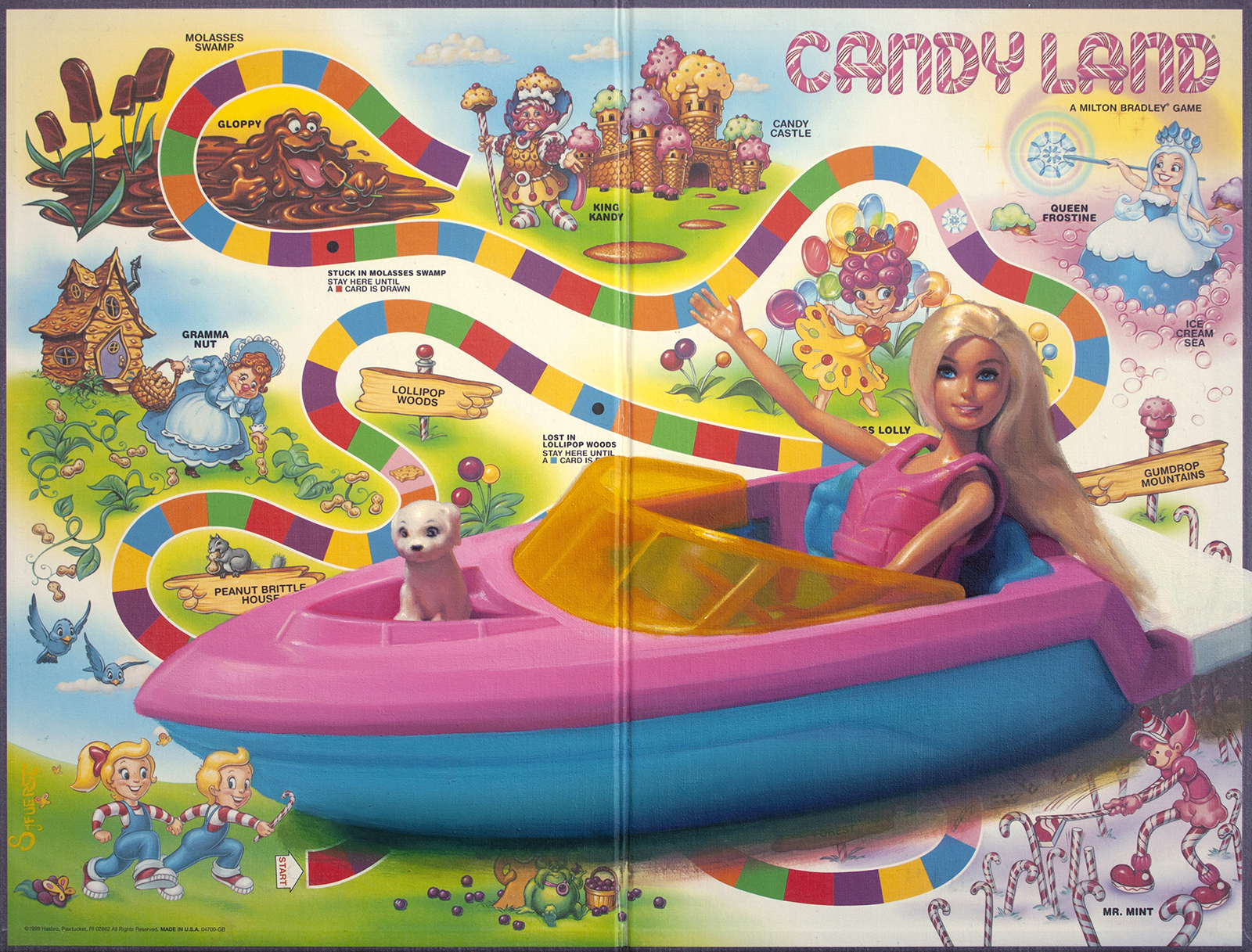 'Motorboating'. Oil paint on panel mounted Candy Land board. 52 x 39 cm