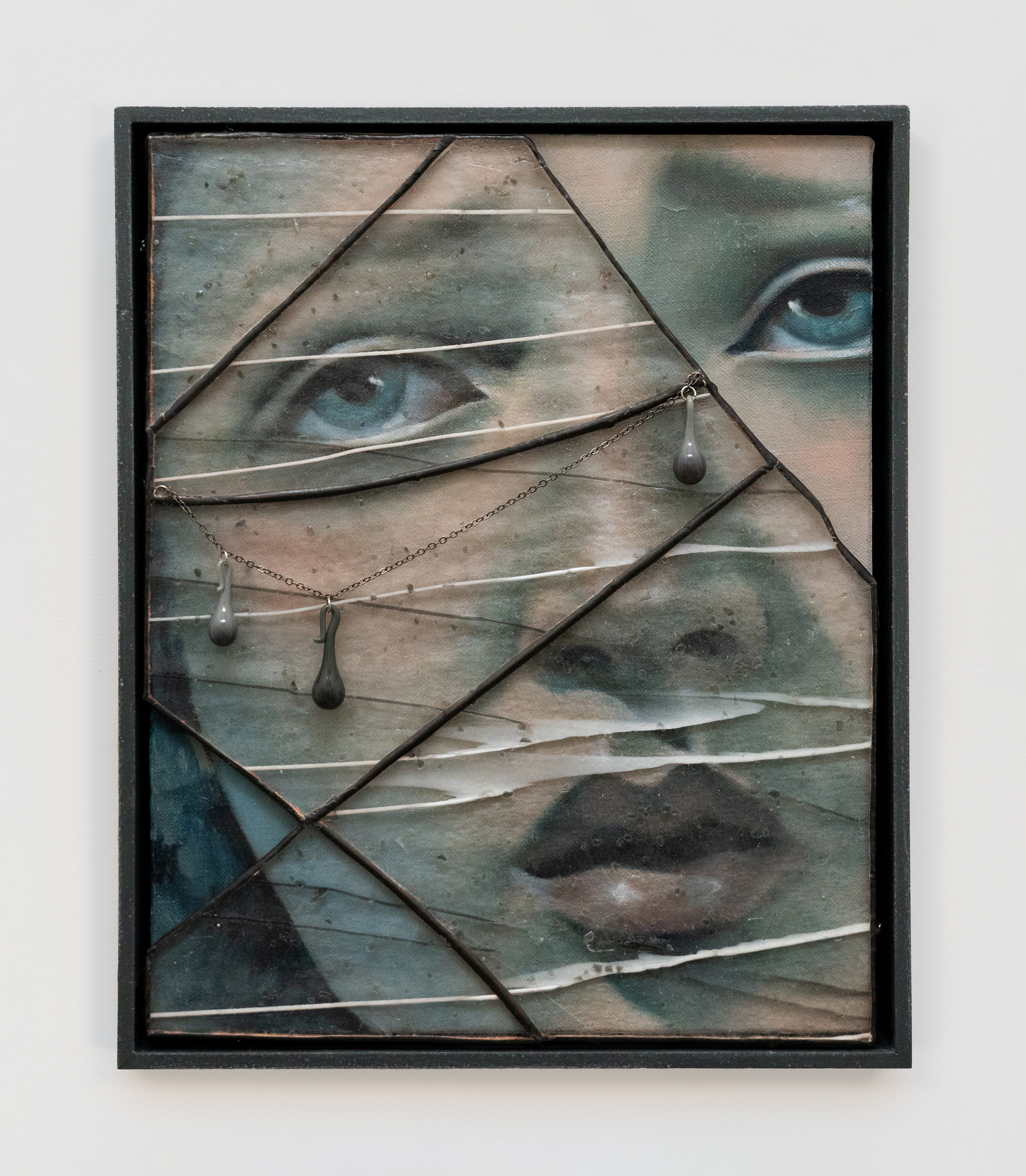 Lacrimosa I, 2023, oil paint on linen-wrapped wooden board, wax medium, glass, copper chain, wooden frame, 8 ¾ x 10 ¾ x 2 ¼ in.